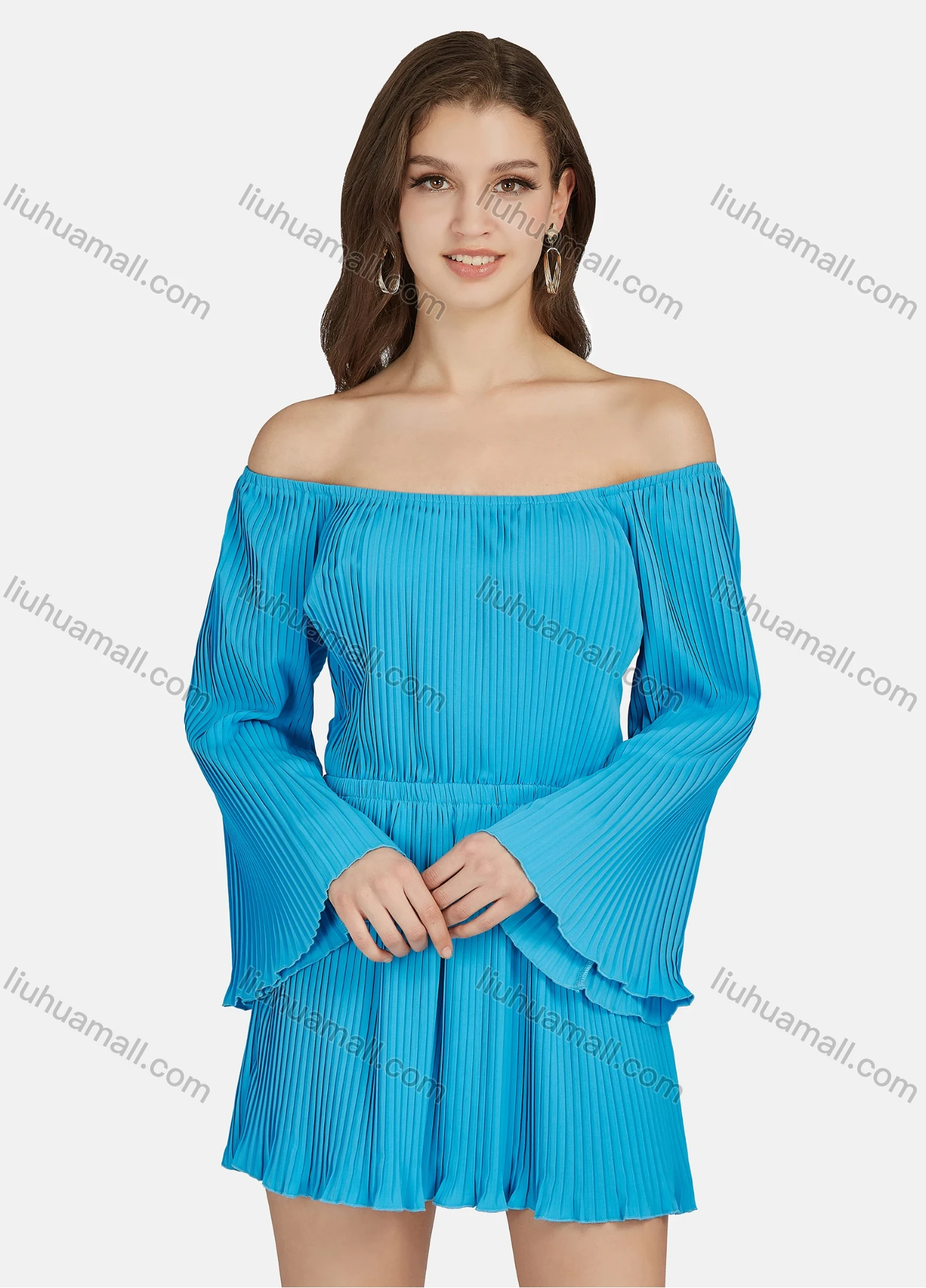 Wholesale Women's Casual Plain Off Shoulder Long Sleeve Pleated High Waist Short Dress N68008# - Liuhuamall