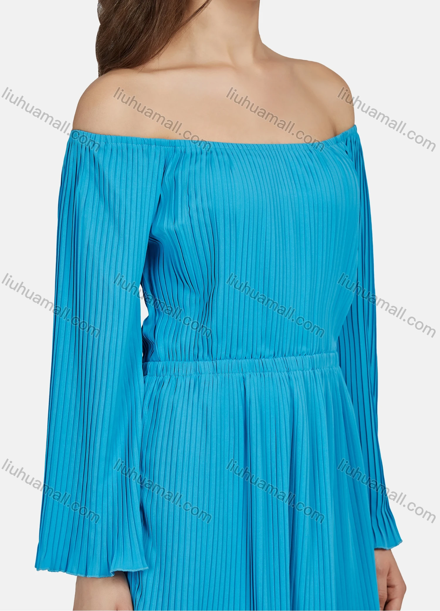 Wholesale Women's Casual Plain Off Shoulder Long Sleeve Pleated High Waist Short Dress N68008# - Liuhuamall