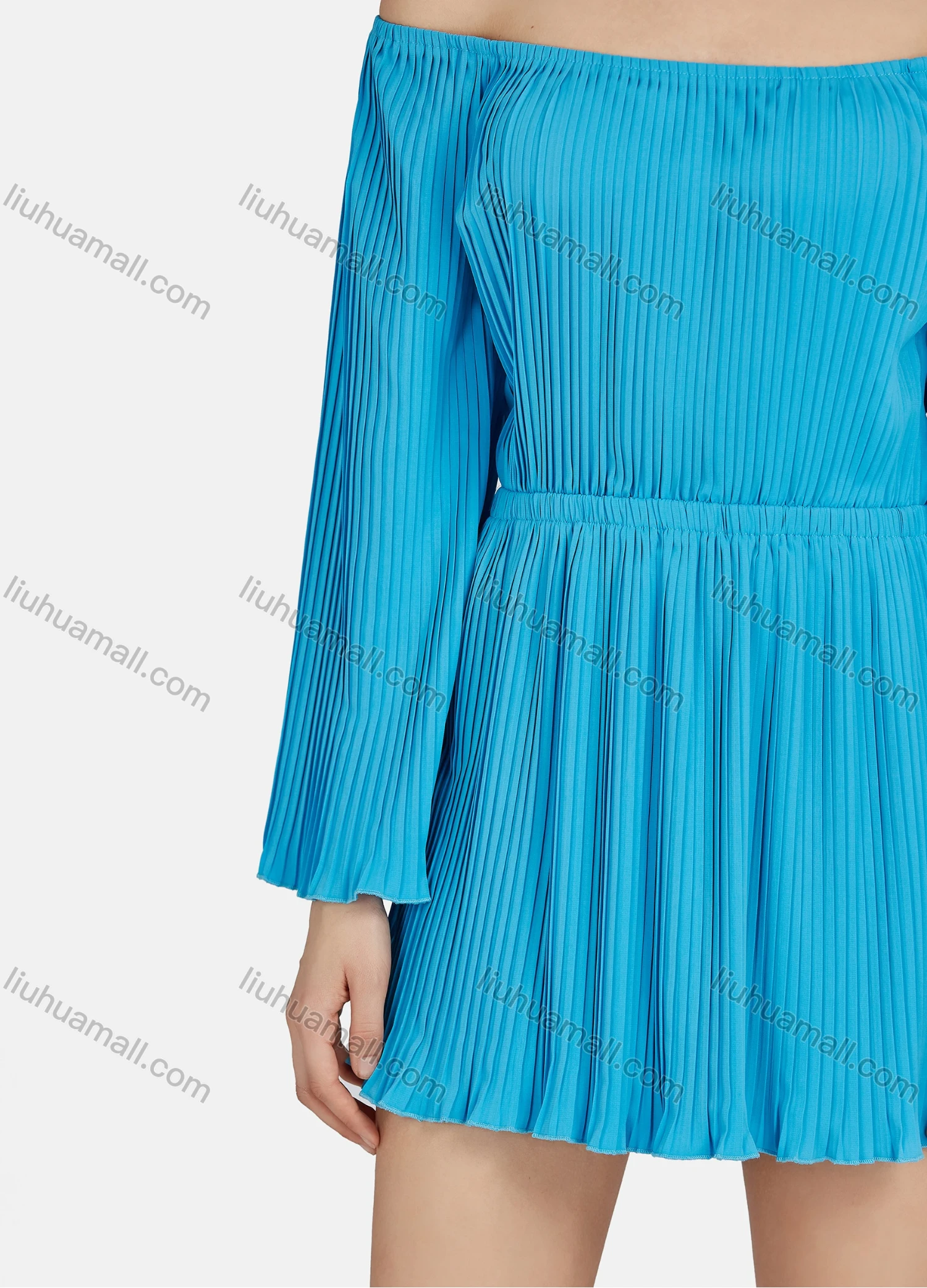 Wholesale Women's Casual Plain Off Shoulder Long Sleeve Pleated High Waist Short Dress N68008# - Liuhuamall