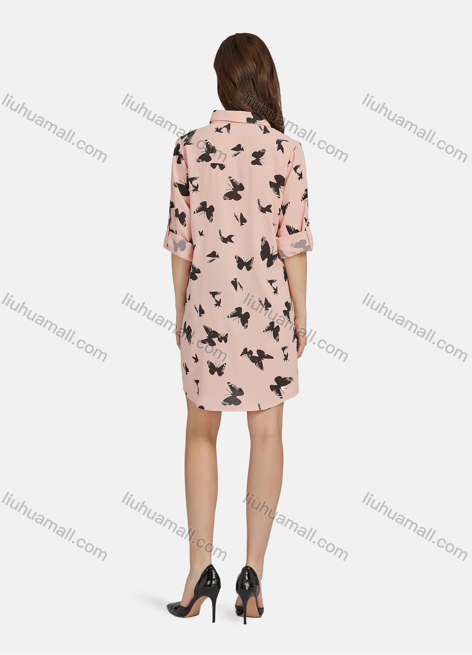 Wholesale Women's Casual Butterfly Print Long Sleeve Button Down Short Shirt Dress 7184# - Liuhuamall