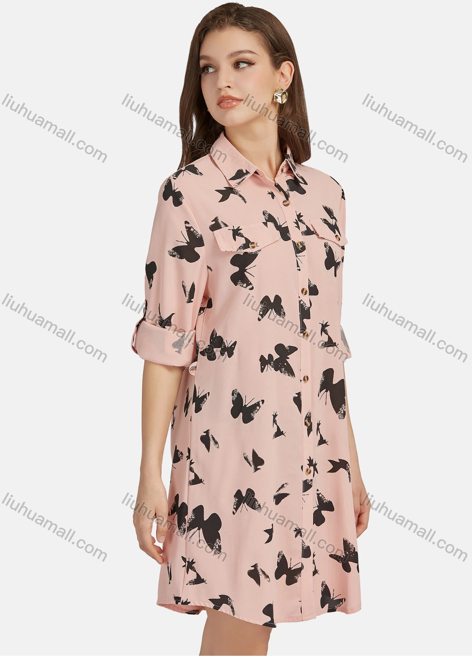 Wholesale Women's Casual Butterfly Print Long Sleeve Button Down Short Shirt Dress 7184# - Liuhuamall