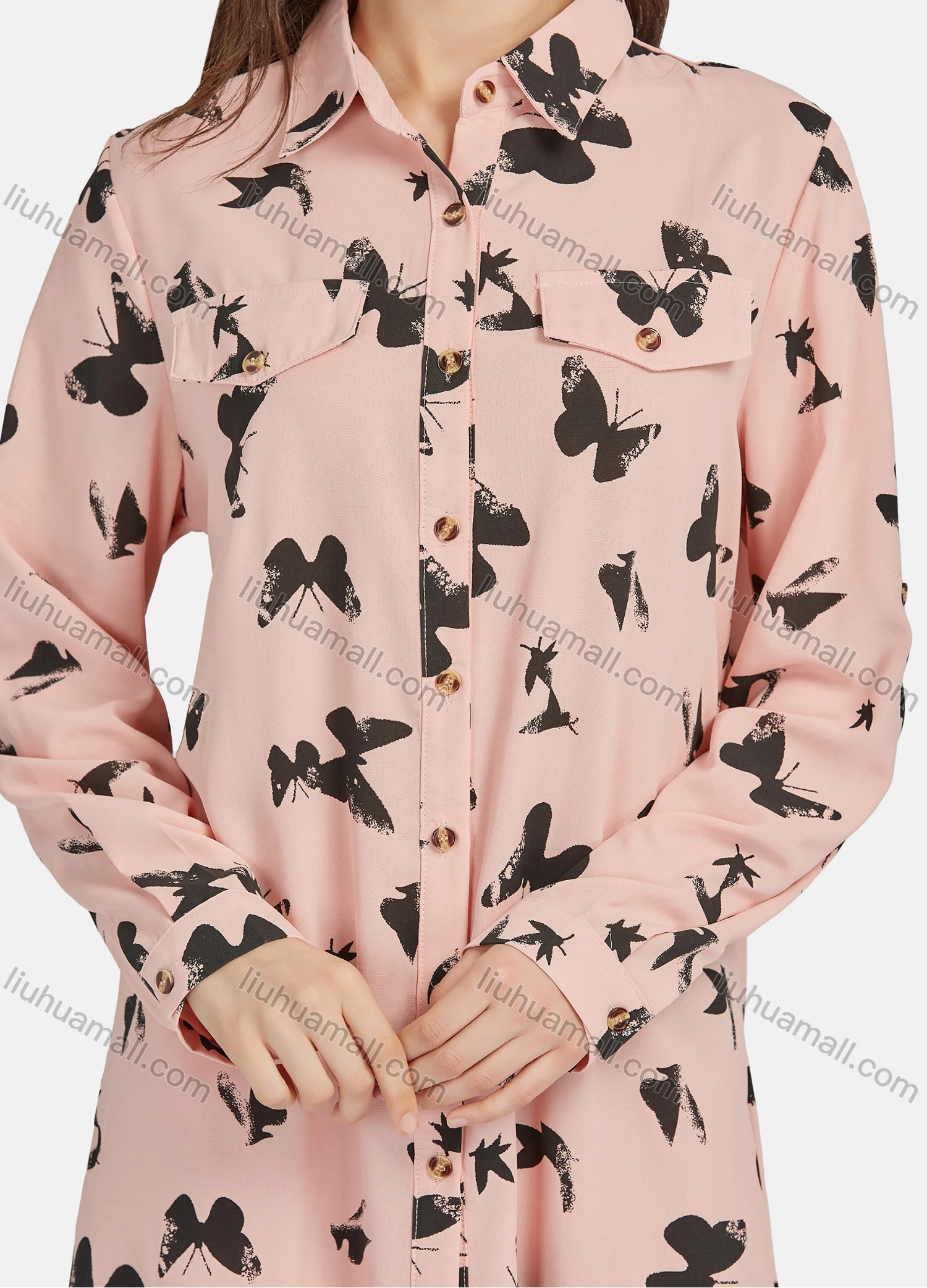 Wholesale Women's Casual Butterfly Print Long Sleeve Button Down Short Shirt Dress 7184# - Liuhuamall