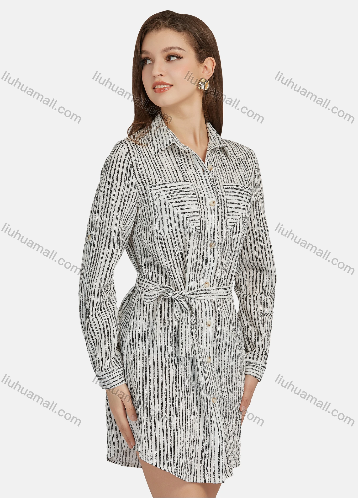 Wholesale Women's Casual Striped Long Sleeve Button Down Short Shirt Dress With Belt 70110# - Liuhuamall