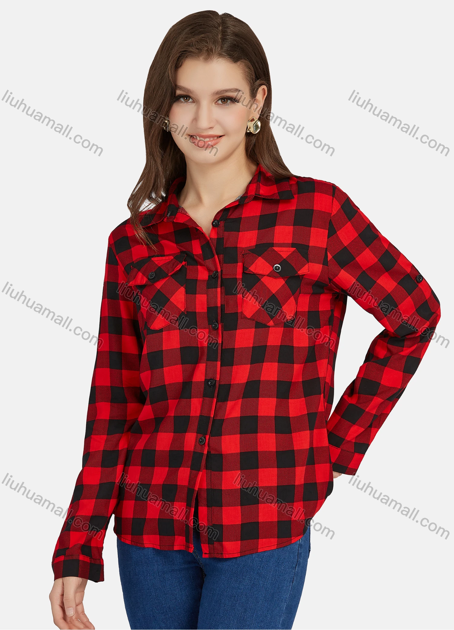 Wholesale Women's Casual Plaid Print Long Sleeve Flap Pockets Button Down Shirt 2101# - Liuhuamall