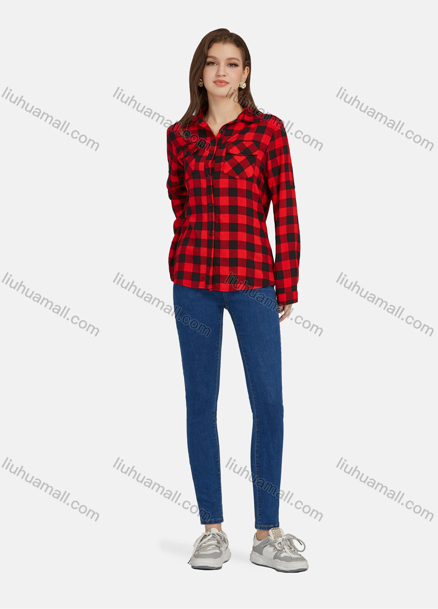 Wholesale Women's Casual Plaid Print Long Sleeve Flap Pockets Button Down Shirt 2101# - Liuhuamall