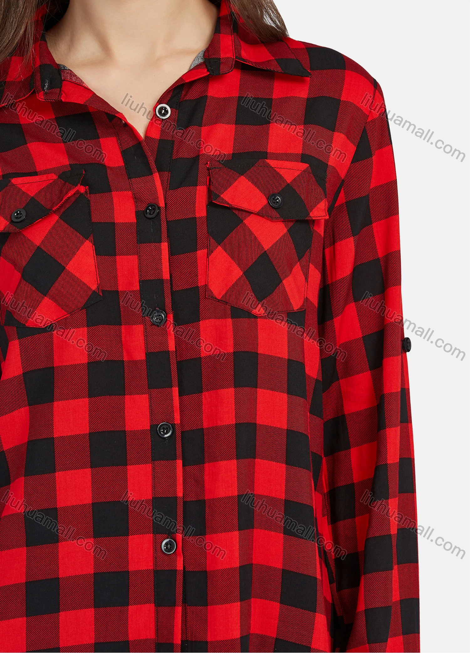 Wholesale Women's Casual Plaid Print Long Sleeve Flap Pockets Button Down Shirt 2101# - Liuhuamall