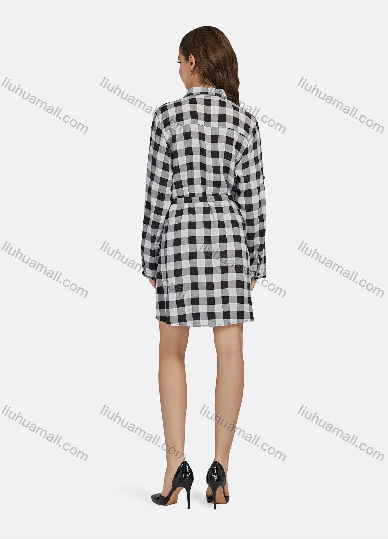 Wholesale Women's Casual Plaid Print Long Sleeve Button Down Flap Pockets Short Shirt Dress With Belt 2105# - Liuhuamall