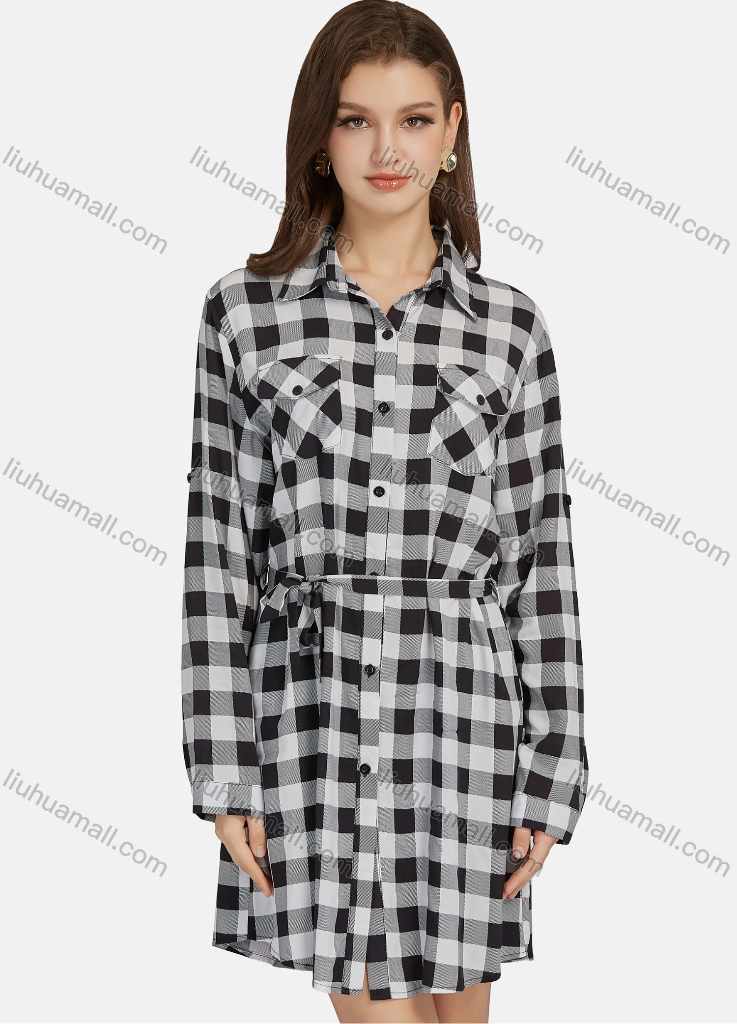 Wholesale Women's Casual Plaid Print Long Sleeve Button Down Flap Pockets Short Shirt Dress With Belt 2105# - Liuhuamall