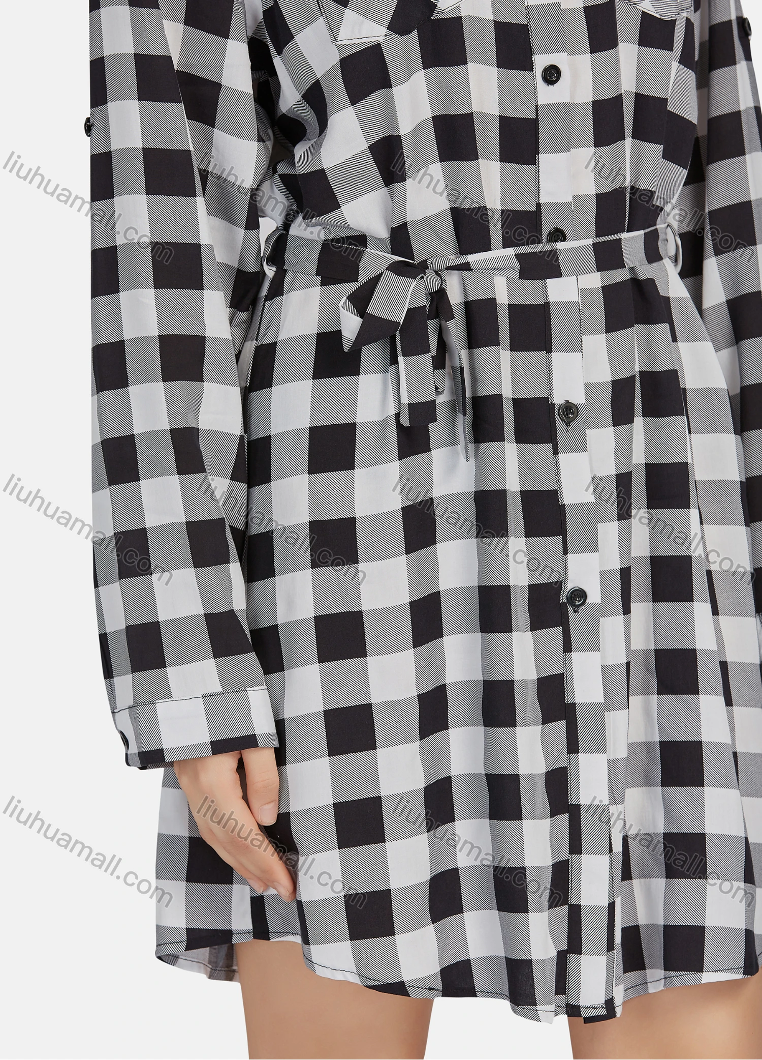 Wholesale Women's Casual Plaid Print Long Sleeve Button Down Flap Pockets Short Shirt Dress With Belt 2105# - Liuhuamall