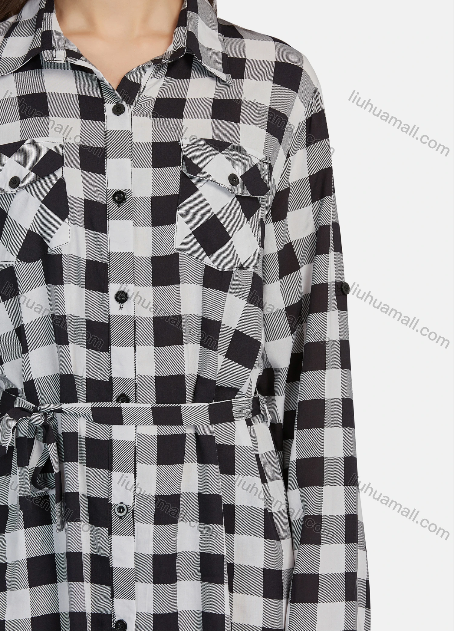 Wholesale Women's Casual Plaid Print Long Sleeve Button Down Flap Pockets Short Shirt Dress With Belt 2105# - Liuhuamall