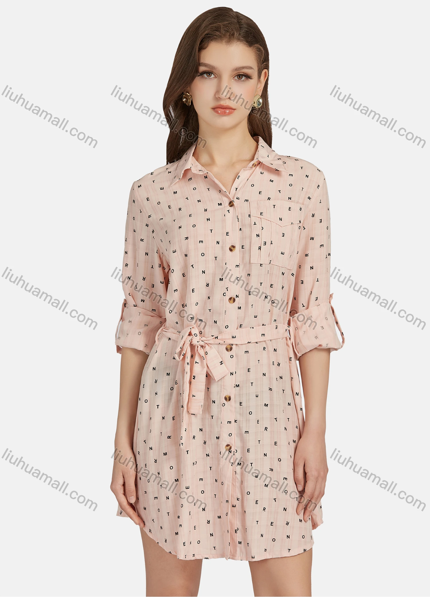 Wholesale Women's Casual Letter Print Long Sleeve Button Down Flap Pocket Short Shirt Dress With Belt 7175# - Liuhuamall