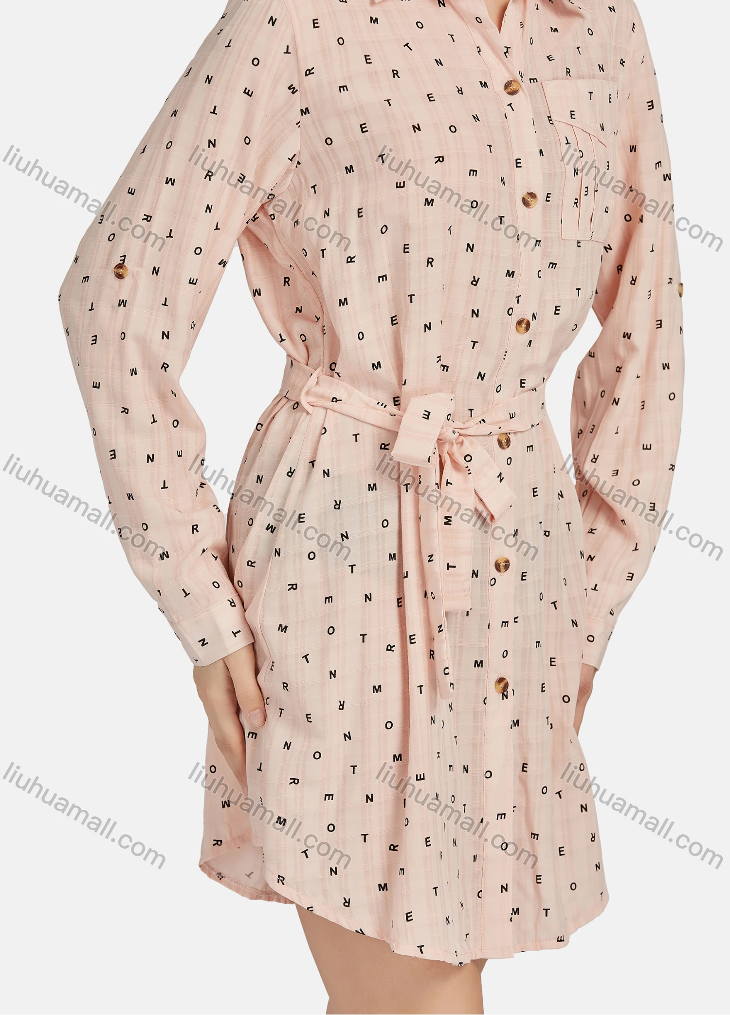 Wholesale Women's Casual Letter Print Long Sleeve Button Down Flap Pocket Short Shirt Dress With Belt 7175# - Liuhuamall