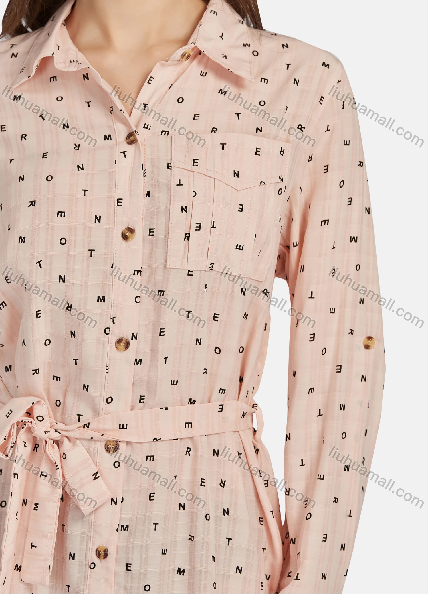 Wholesale Women's Casual Letter Print Long Sleeve Button Down Flap Pocket Short Shirt Dress With Belt 7175# - Liuhuamall