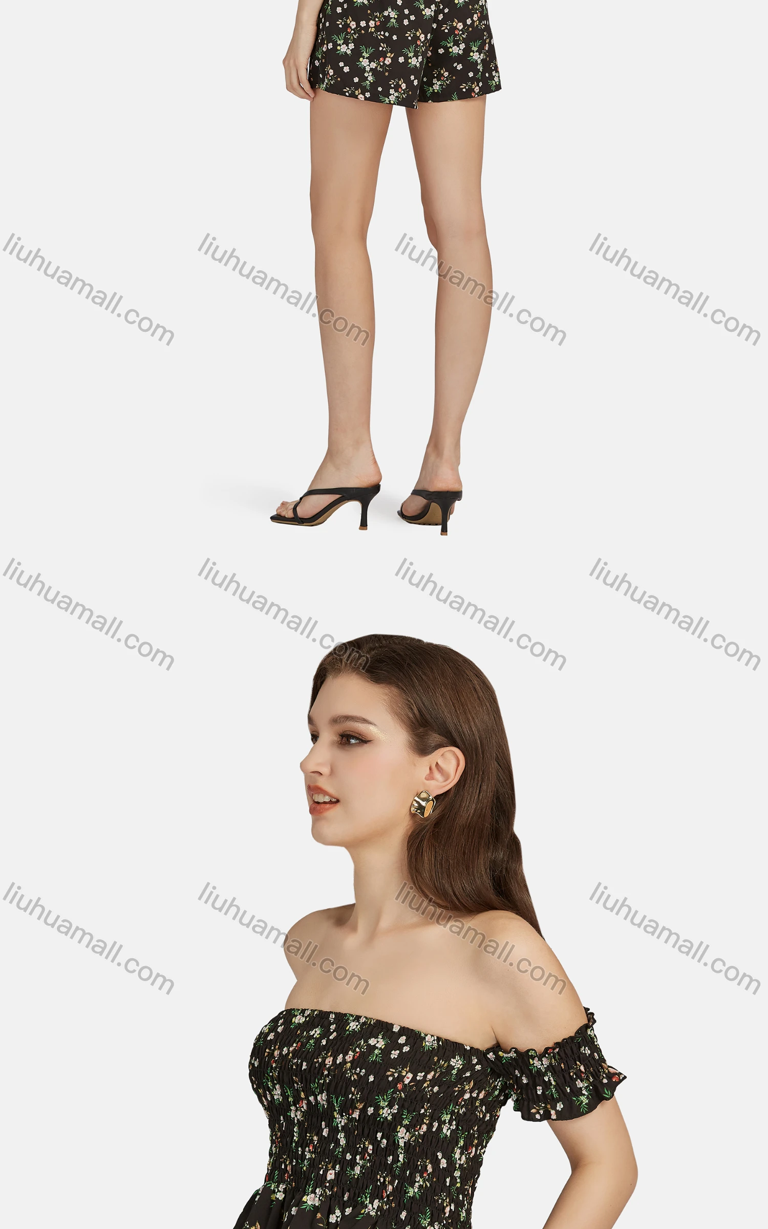 Wholesale Women's Sexy Floral Peplum Off Shoulder Shirred Top 2-piece Set 28526# - Liuhuamall