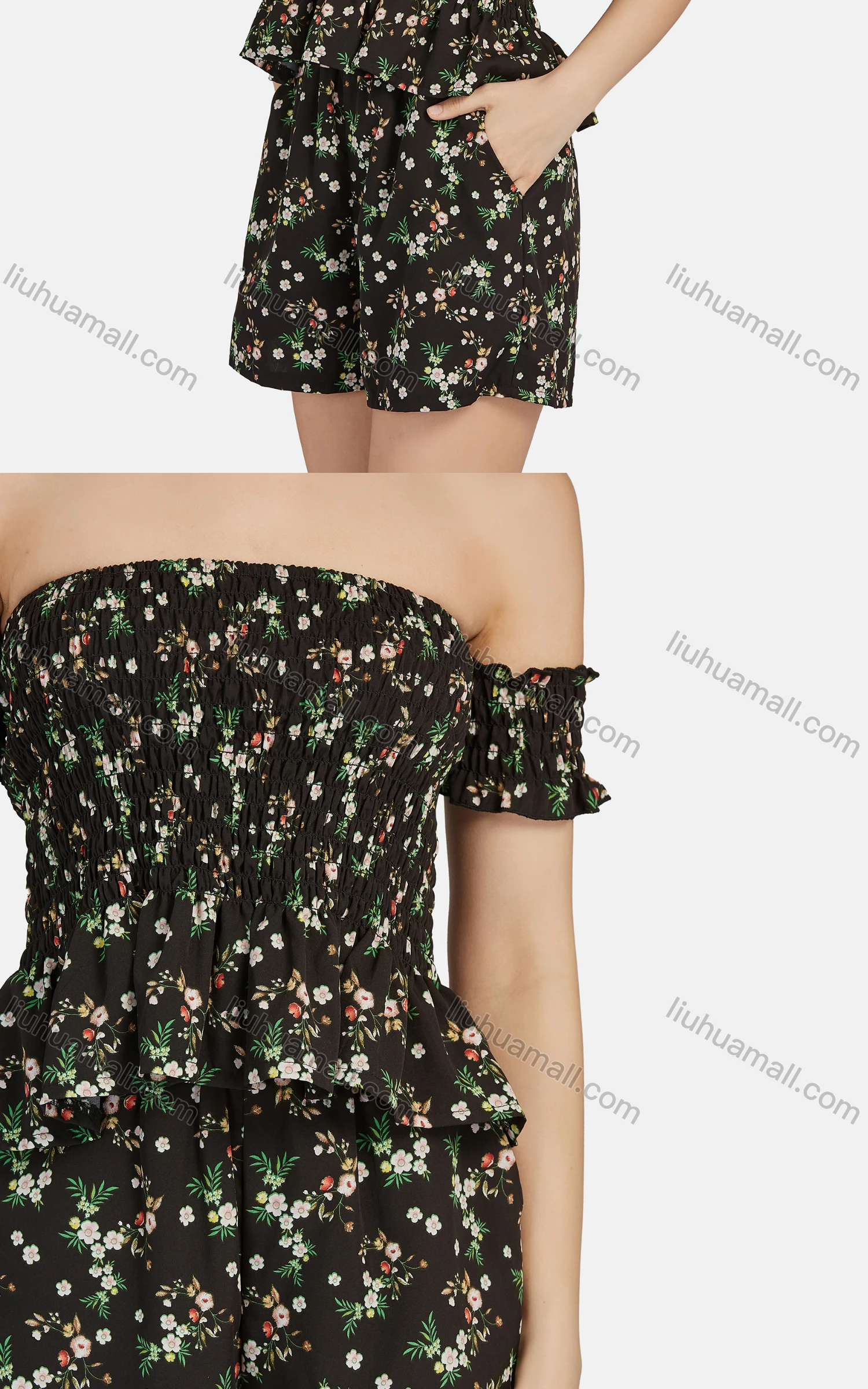 Wholesale Women's Sexy Floral Peplum Off Shoulder Shirred Top 2-piece Set 28526# - Liuhuamall
