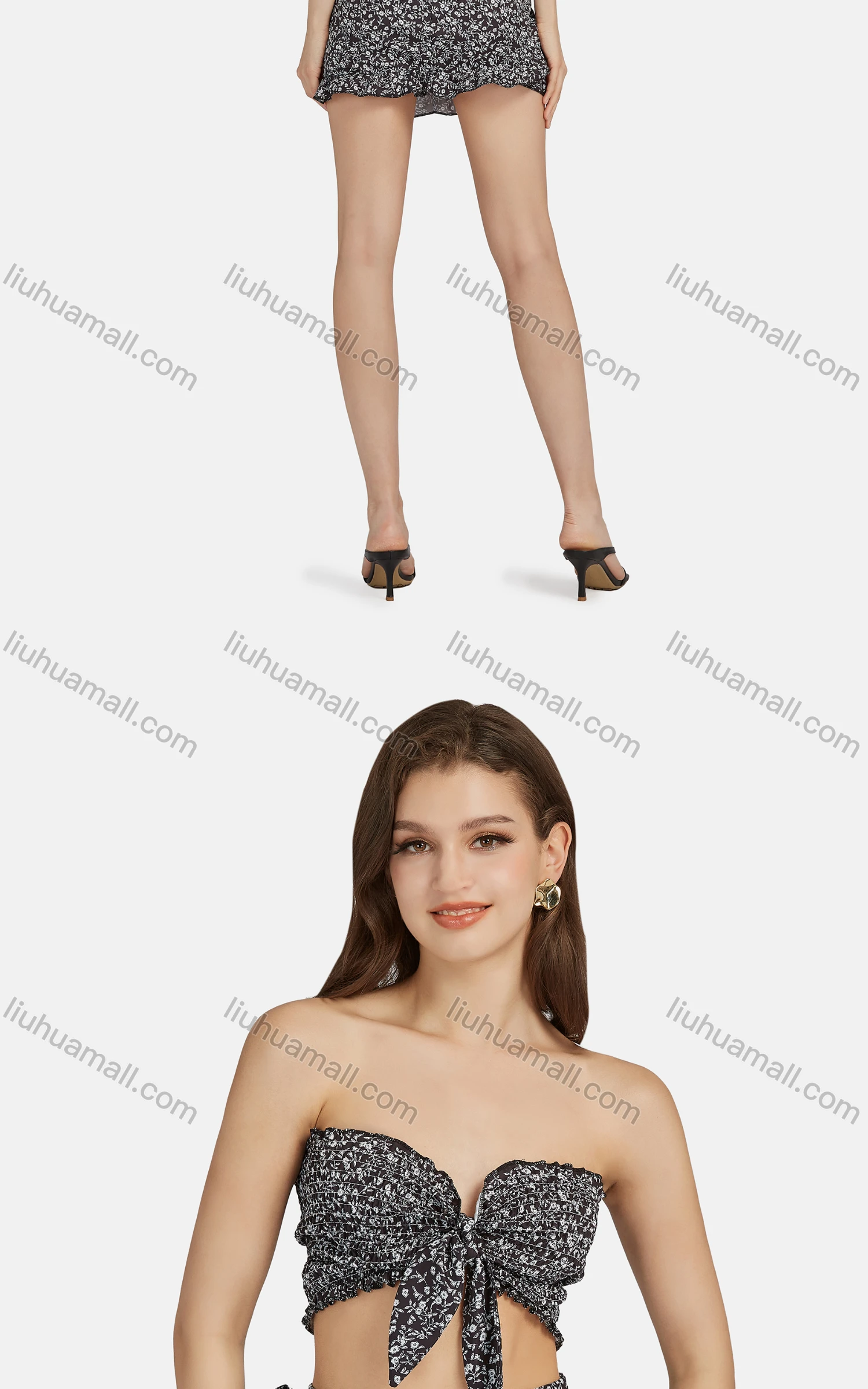 Wholesale Women's Sexy Floral Bow Knot Strapless Crop Top 2-piece Set 28529# - Liuhuamall