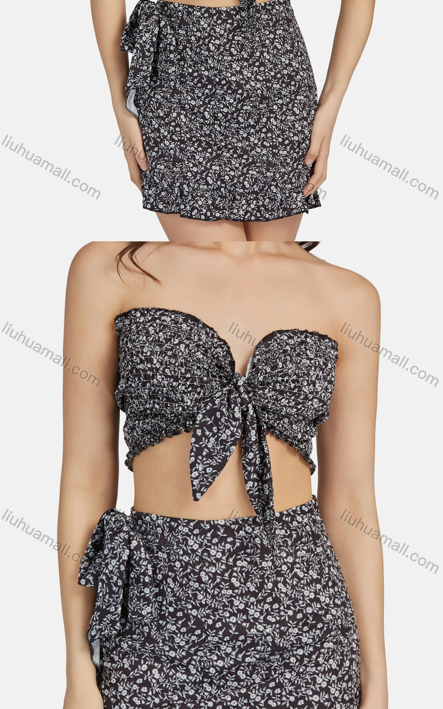 Wholesale Women's Sexy Floral Bow Knot Strapless Crop Top 2-piece Set 28529# - Liuhuamall