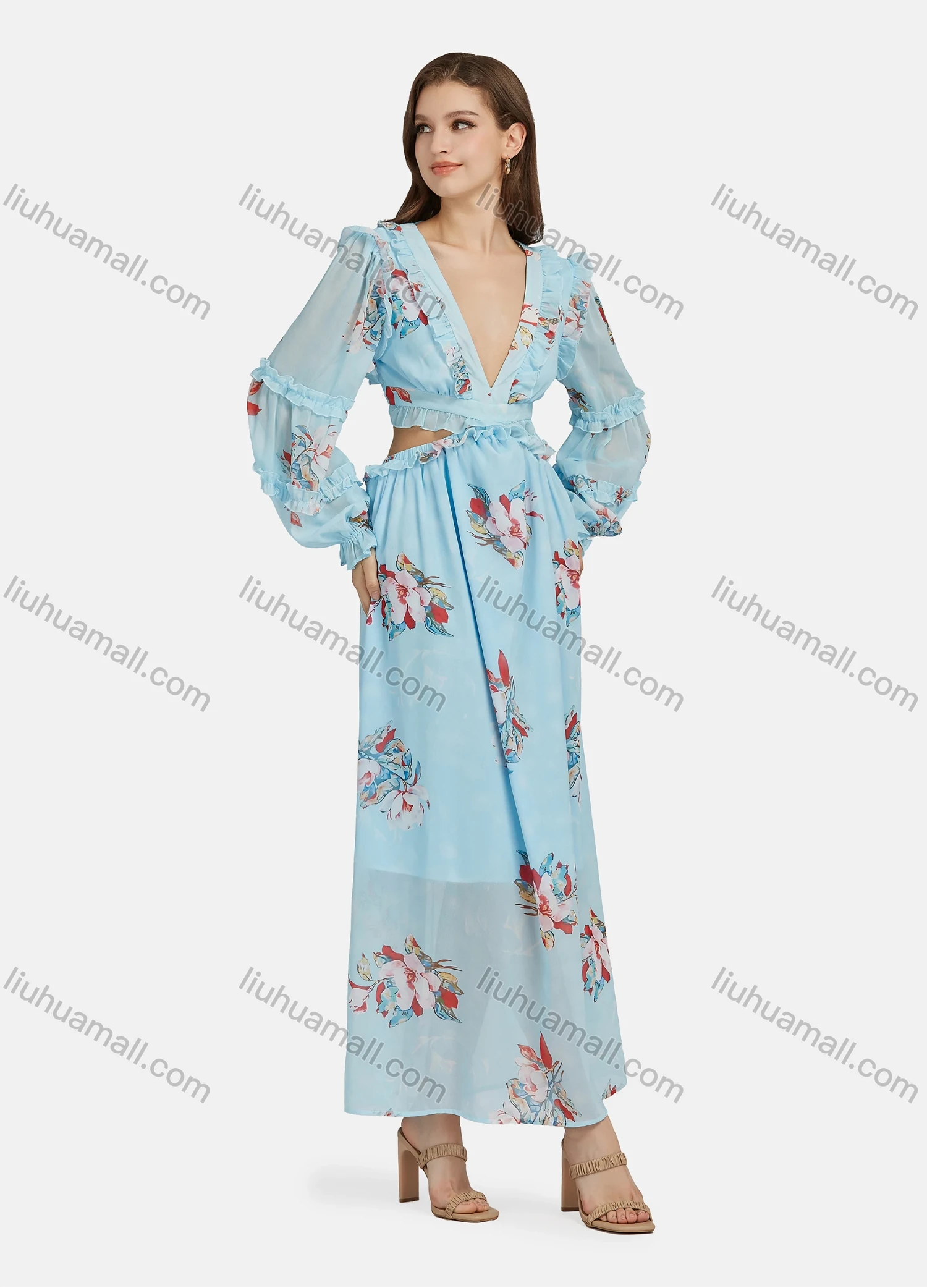 Wholesale Women's Sexy Vacation Floral Print Deep V Neck Ruffle Trim Lace Up Cut Out Long Sleeve Maxi Dress ST91182# - Liuhuamall