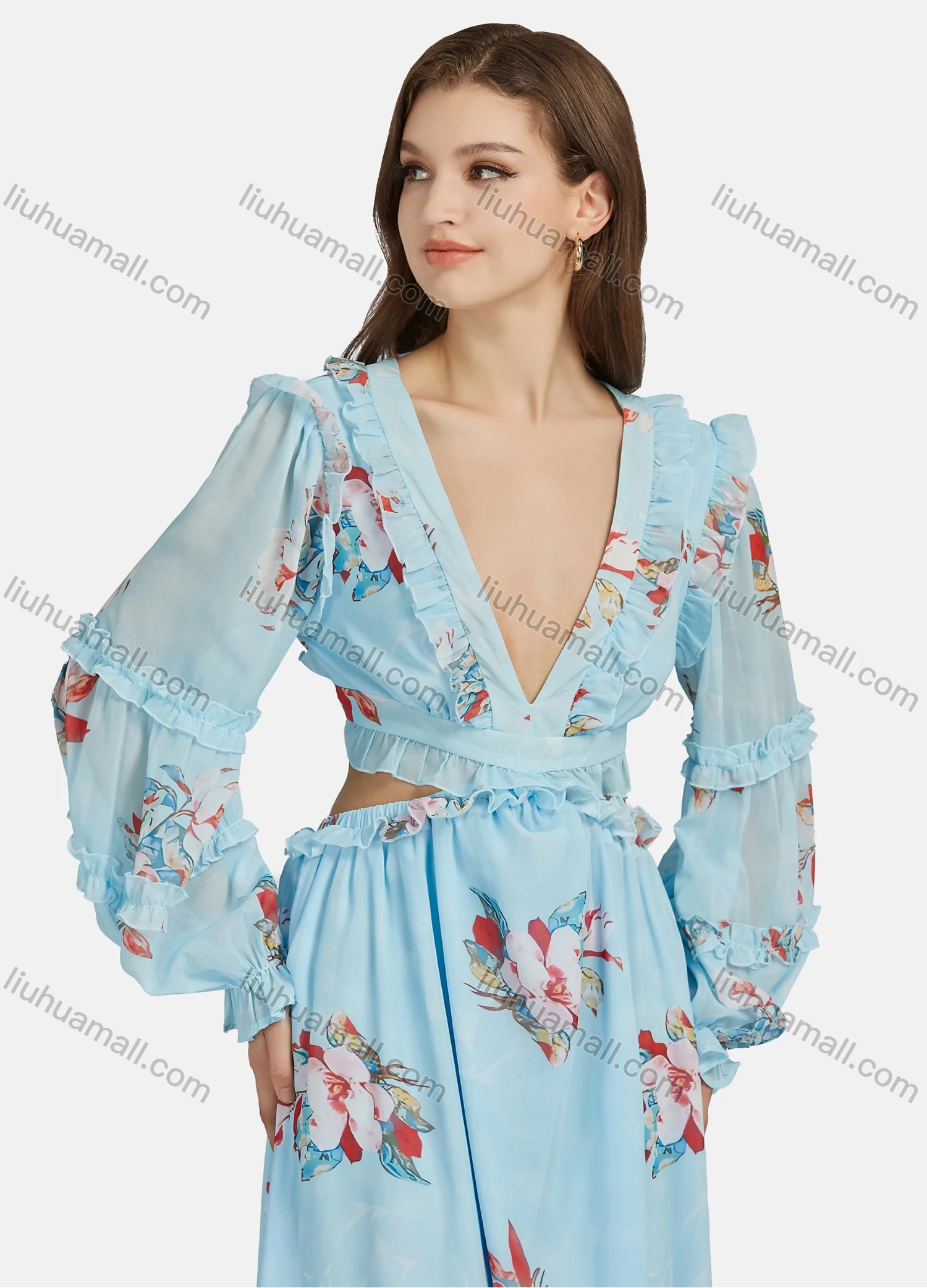 Wholesale Women's Sexy Vacation Floral Print Deep V Neck Ruffle Trim Lace Up Cut Out Long Sleeve Maxi Dress ST91182# - Liuhuamall