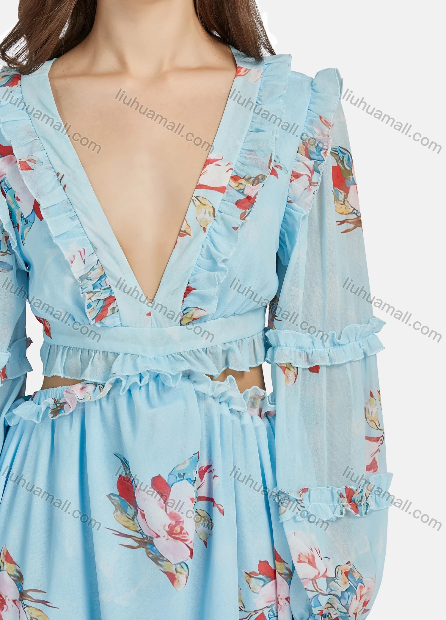 Wholesale Women's Sexy Vacation Floral Print Deep V Neck Ruffle Trim Lace Up Cut Out Long Sleeve Maxi Dress ST91182# - Liuhuamall