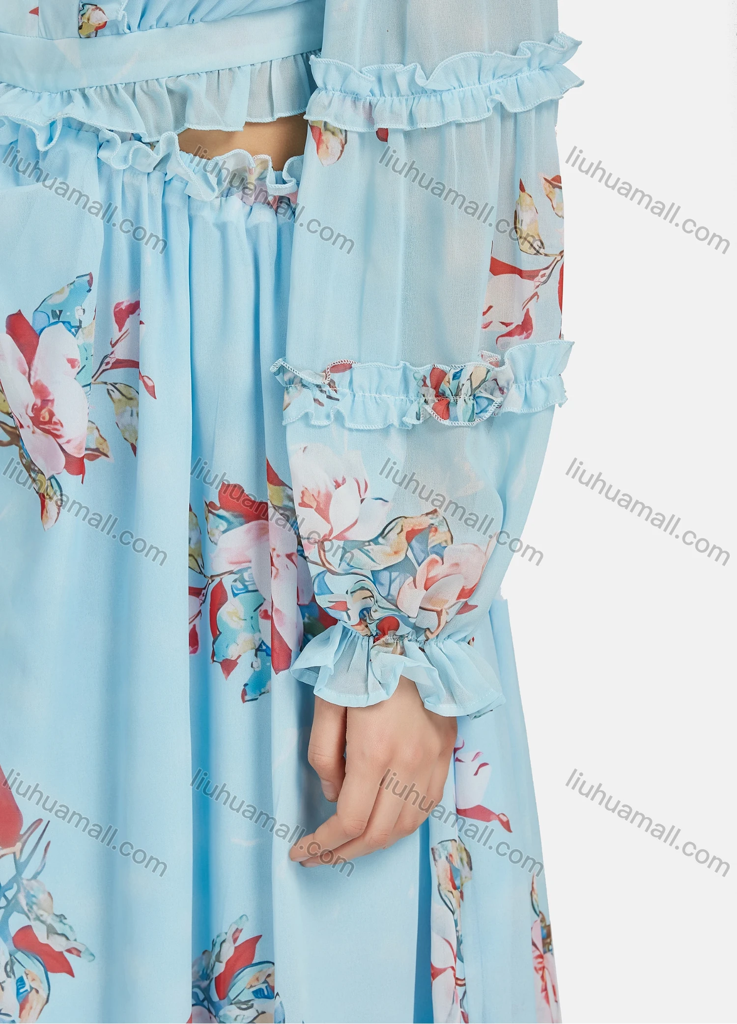 Wholesale Women's Sexy Vacation Floral Print Deep V Neck Ruffle Trim Lace Up Cut Out Long Sleeve Maxi Dress ST91182# - Liuhuamall