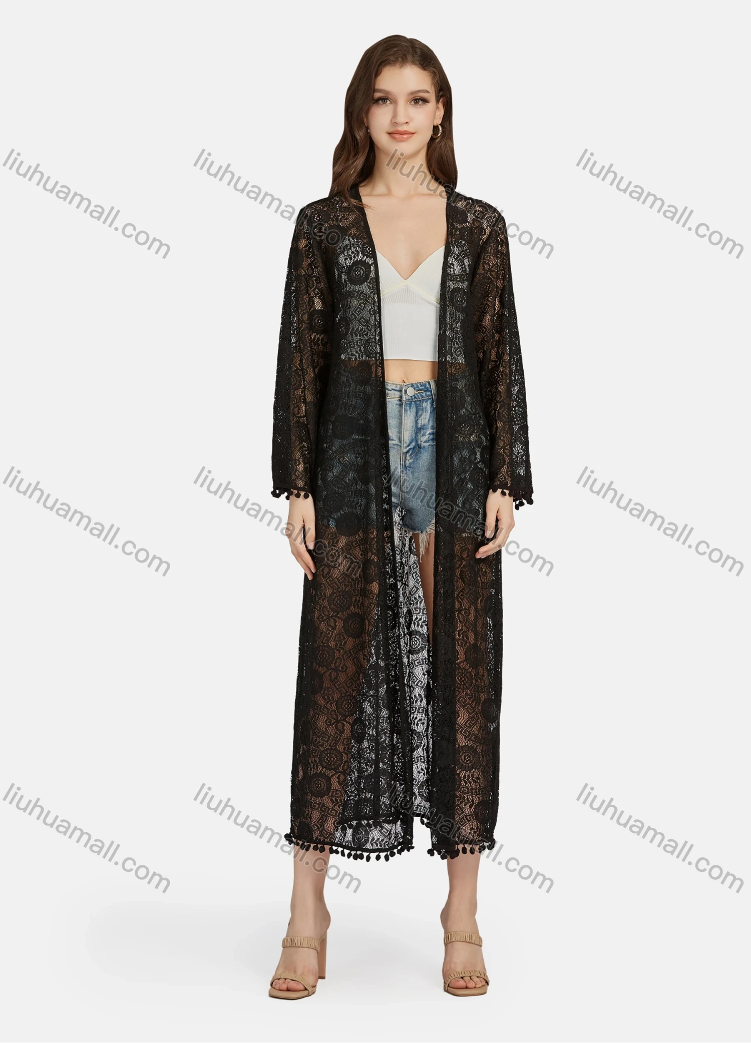 Wholesale Women's Plain Guipure Lace Mesh Long Sleeve Open Front Long Cardigan Cover Up ST91187# - Liuhuamall