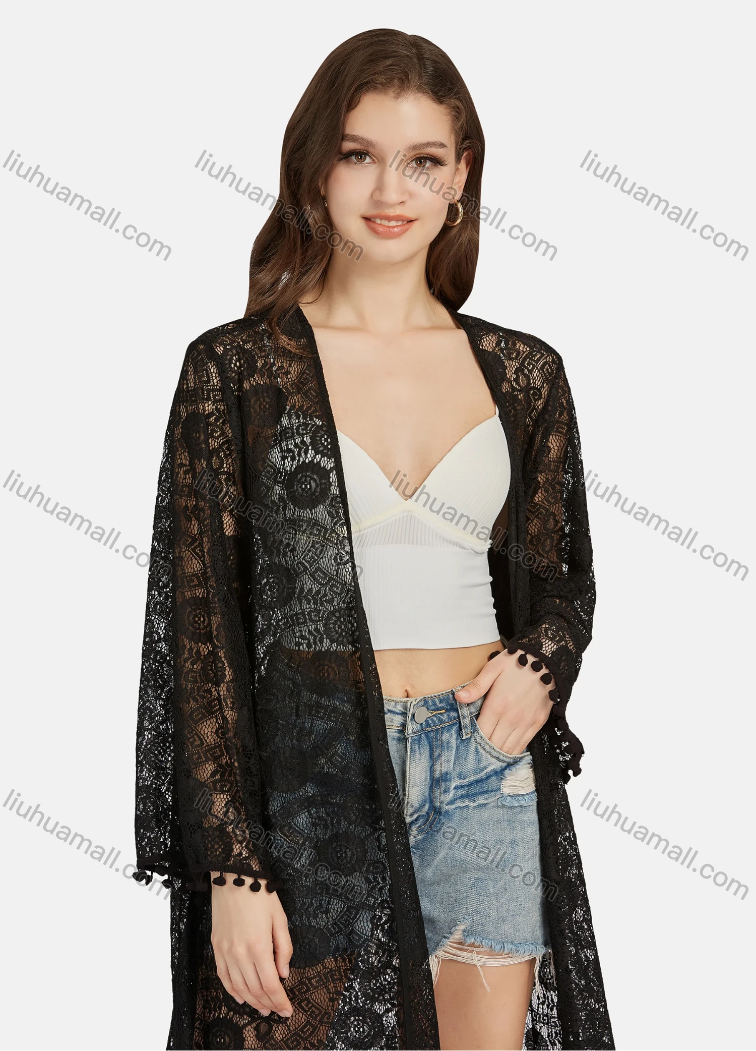 Wholesale Women's Plain Guipure Lace Mesh Long Sleeve Open Front Long Cardigan Cover Up ST91187# - Liuhuamall