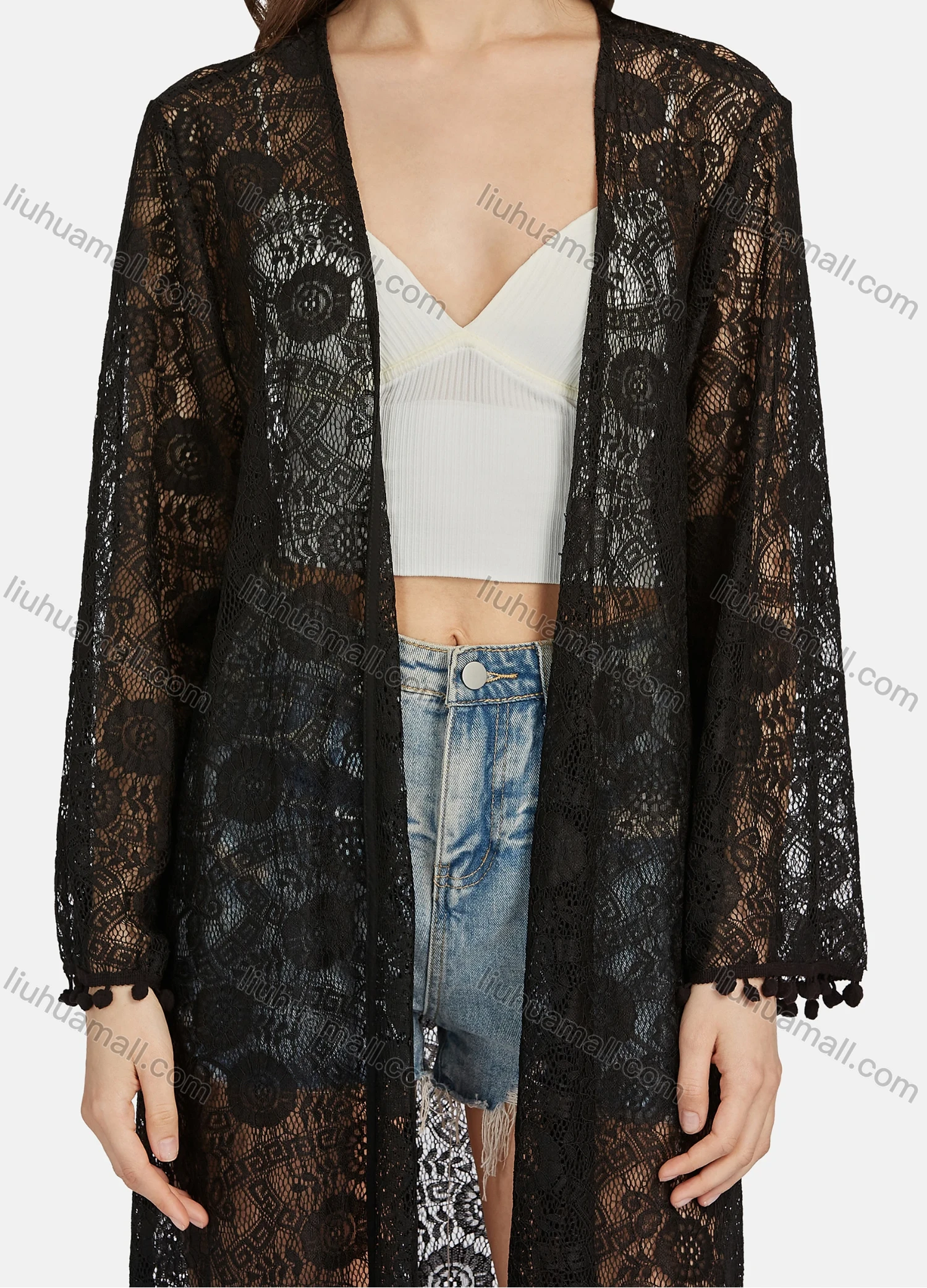 Wholesale Women's Plain Guipure Lace Mesh Long Sleeve Open Front Long Cardigan Cover Up ST91187# - Liuhuamall