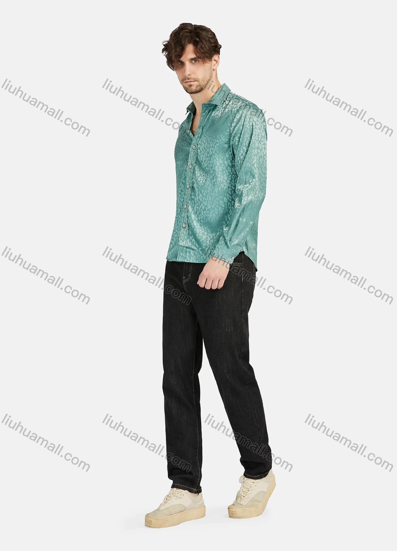 Wholesale Men's Fashion Leopard Print Jacquard Long Sleeve Button Down Shirt LH14# - Liuhuamall