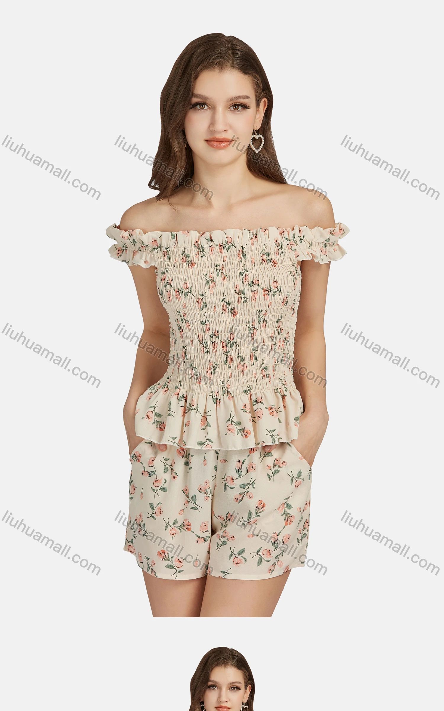 Wholesale Women's Sexy Floral Off Shoulder Peplum Shirred Ruffle Hem Crop Top 2-piece Set 28525# - Liuhuamall