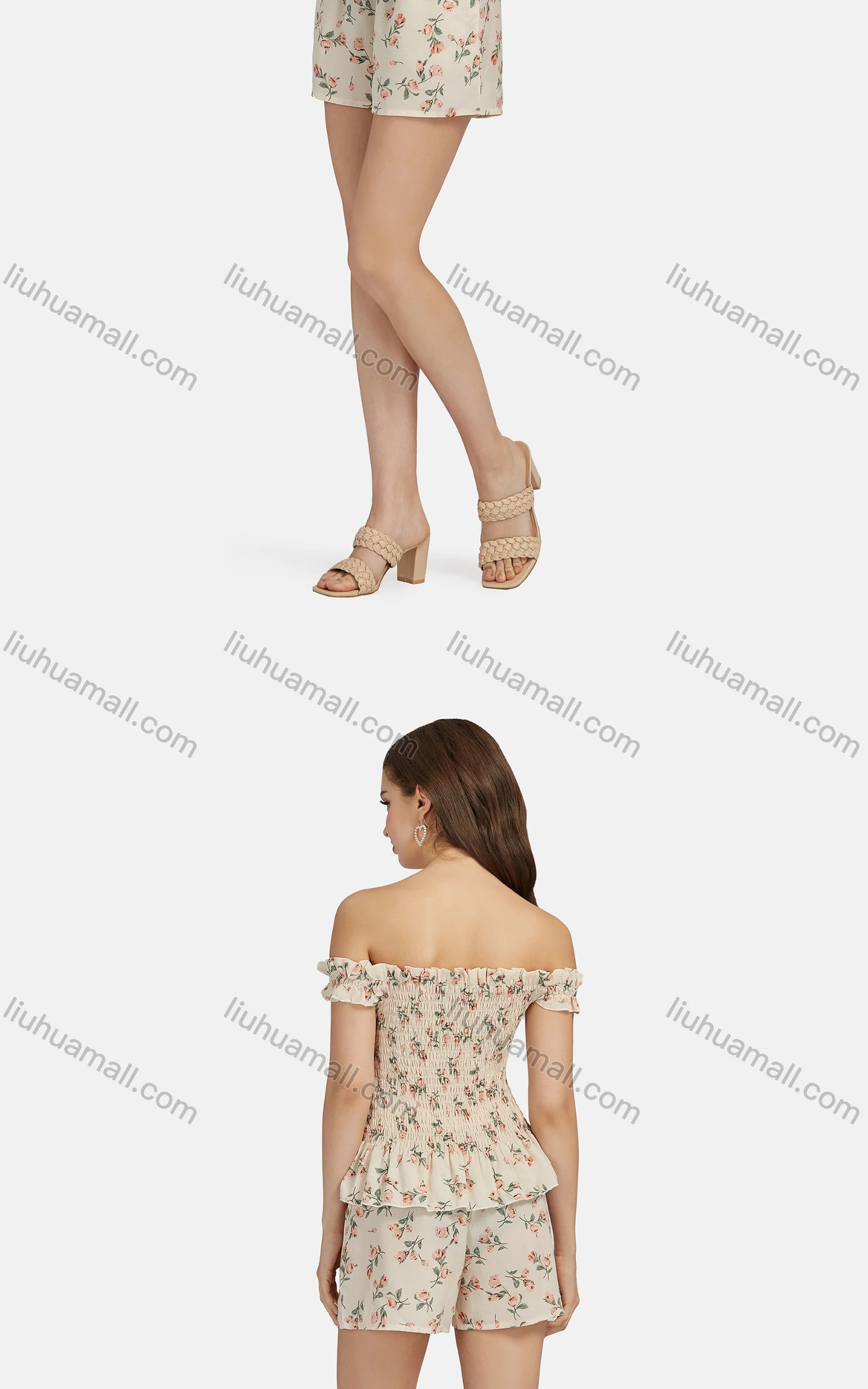 Wholesale Women's Sexy Floral Off Shoulder Peplum Shirred Ruffle Hem Crop Top 2-piece Set 28525# - Liuhuamall