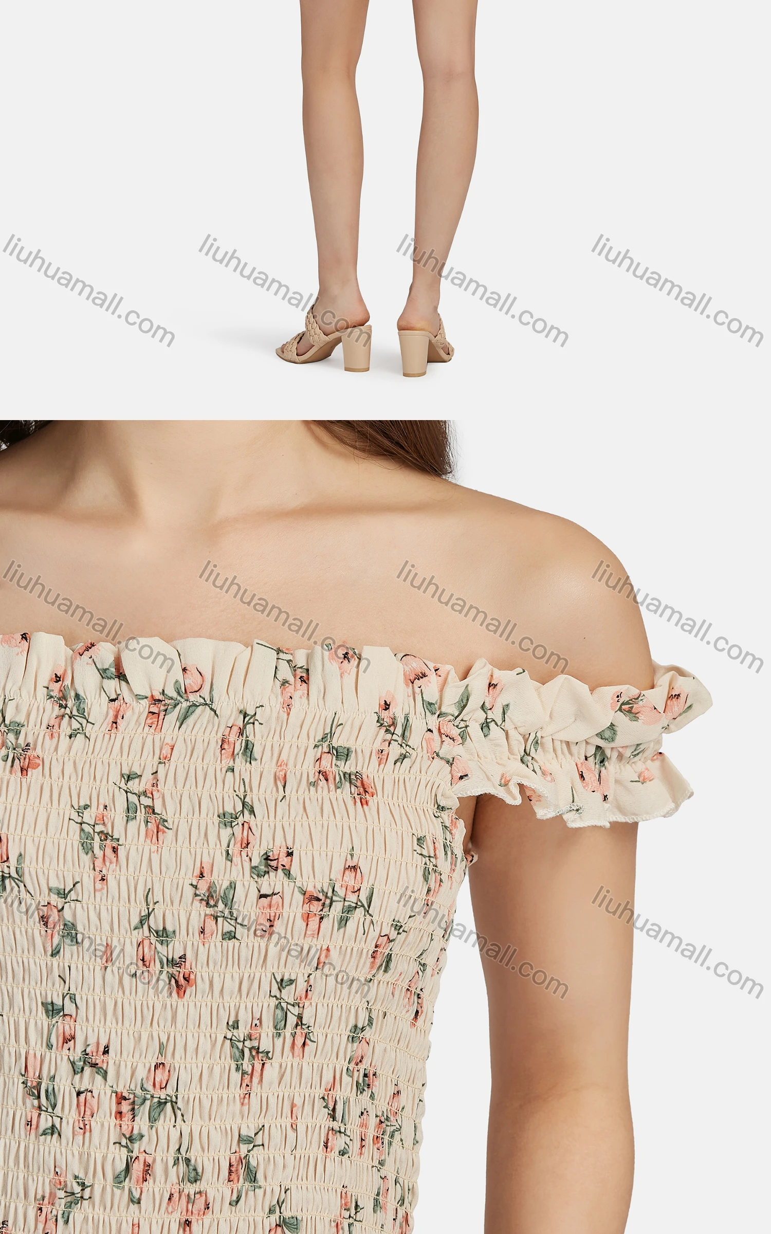 Wholesale Women's Sexy Floral Off Shoulder Peplum Shirred Ruffle Hem Crop Top 2-piece Set 28525# - Liuhuamall