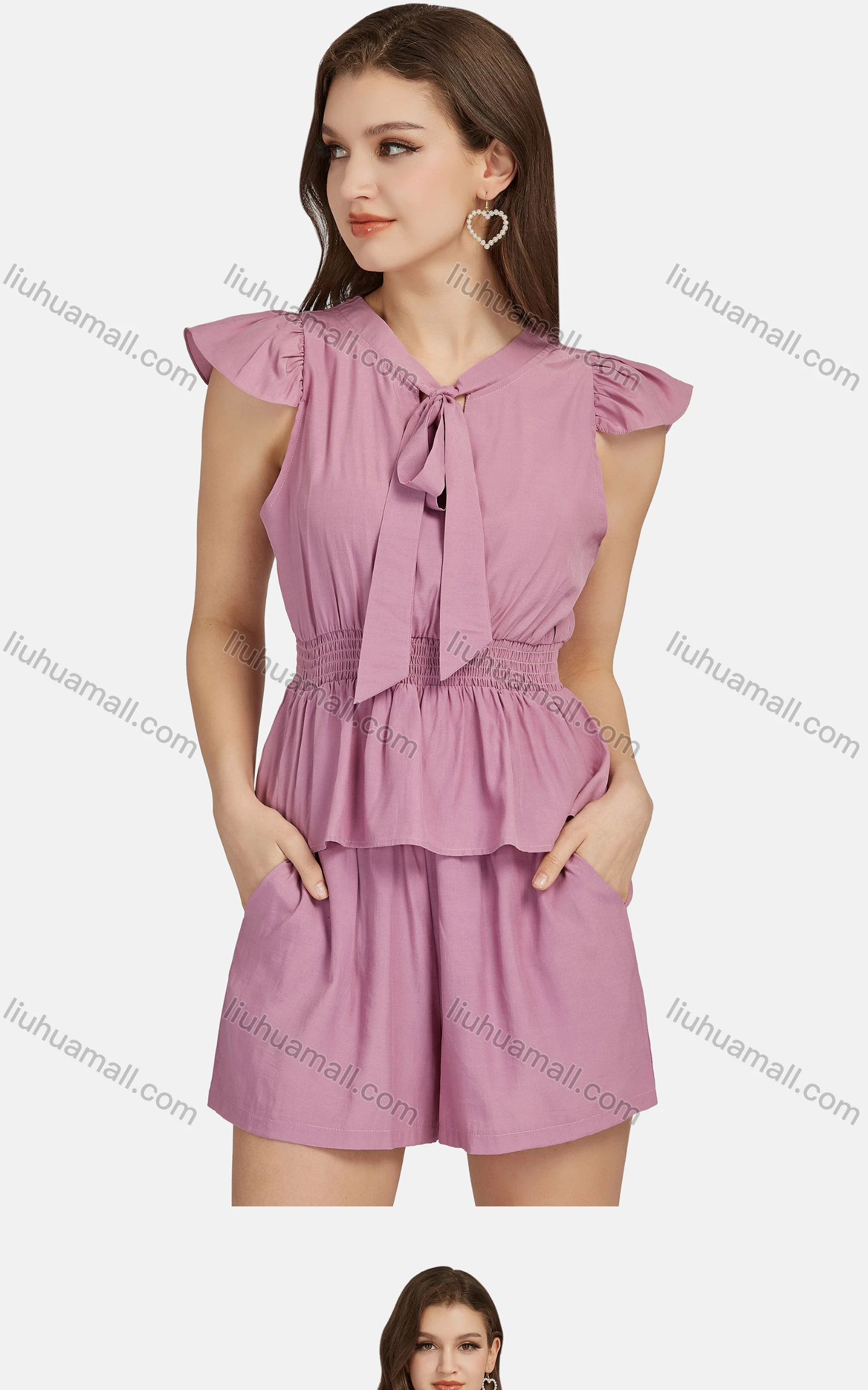Wholesale Women's Casual Plain Tie Neck Peplum Shirred Top 2-piece Set 28528# - Liuhuamall