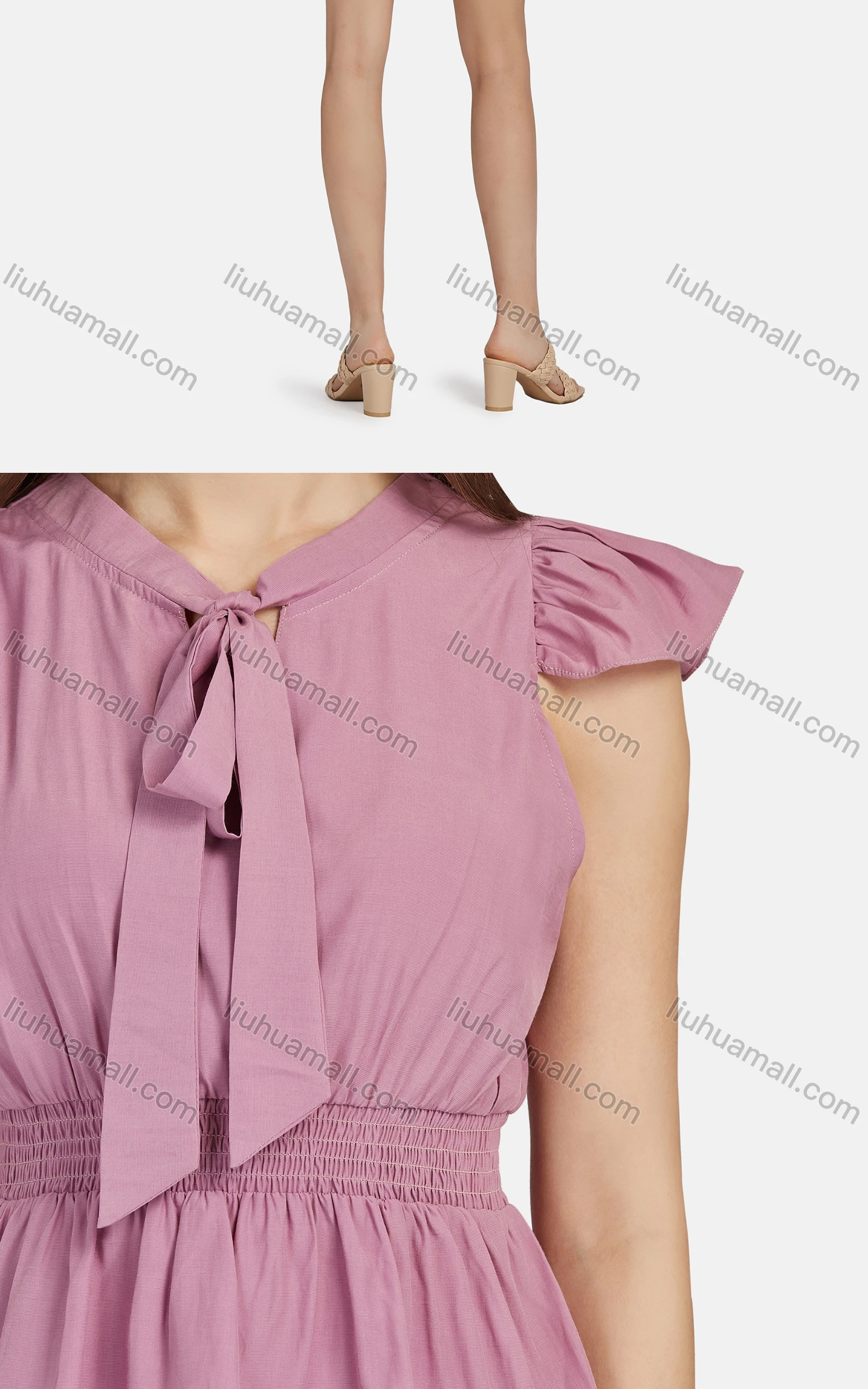 Wholesale Women's Casual Plain Tie Neck Peplum Shirred Top 2-piece Set 28528# - Liuhuamall