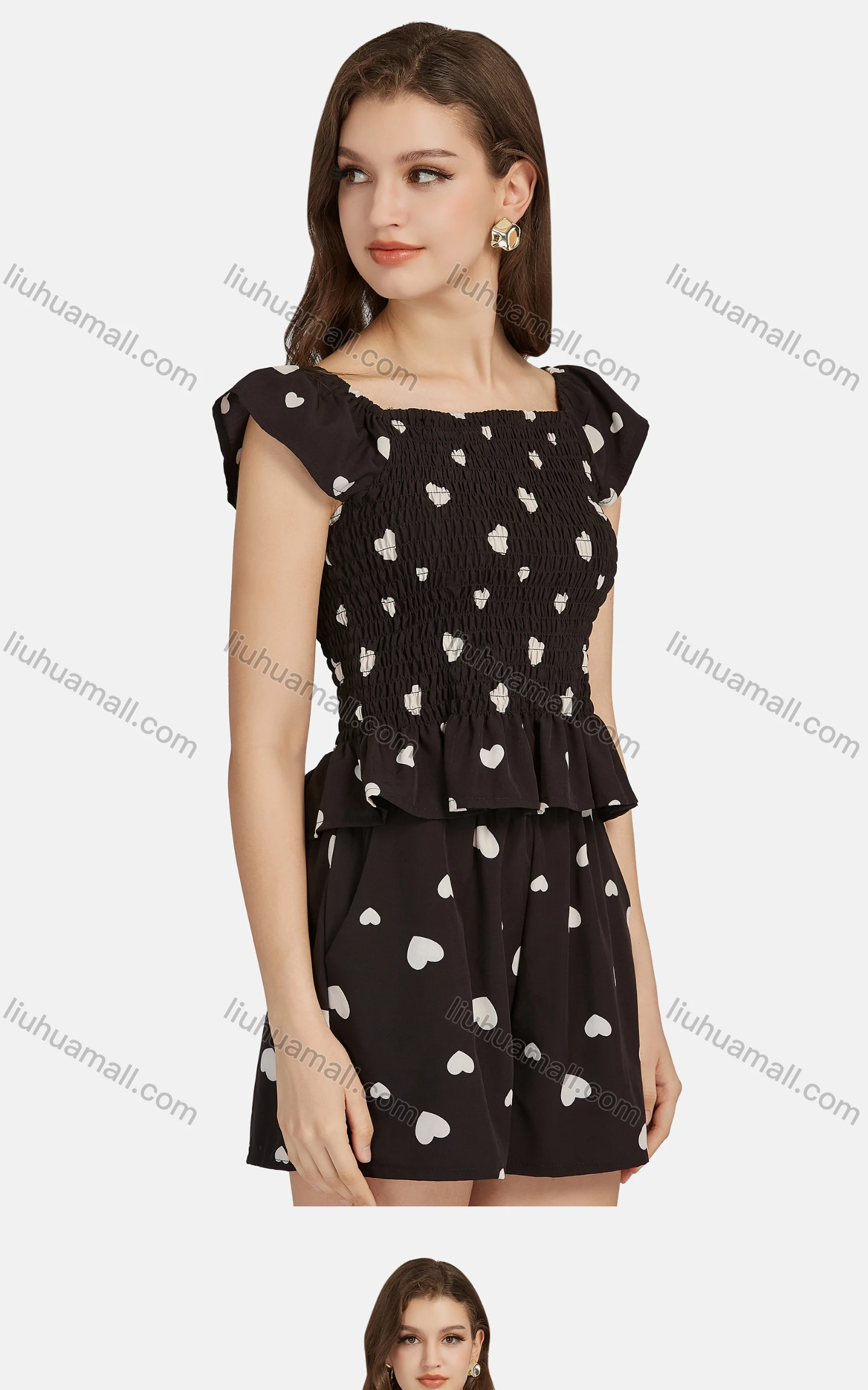 Wholesale Women's Casual Bateau Neck Heart Print Peplum Shirred Top 2-piece Set 28527# - Liuhuamall