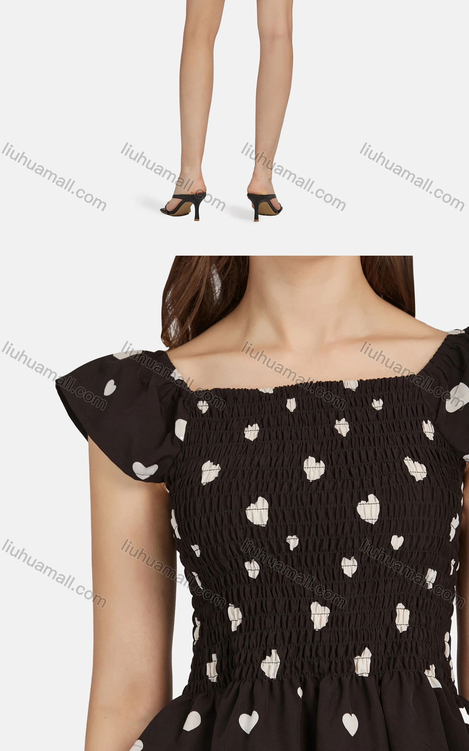 Wholesale Women's Casual Bateau Neck Heart Print Peplum Shirred Top 2-piece Set 28527# - Liuhuamall