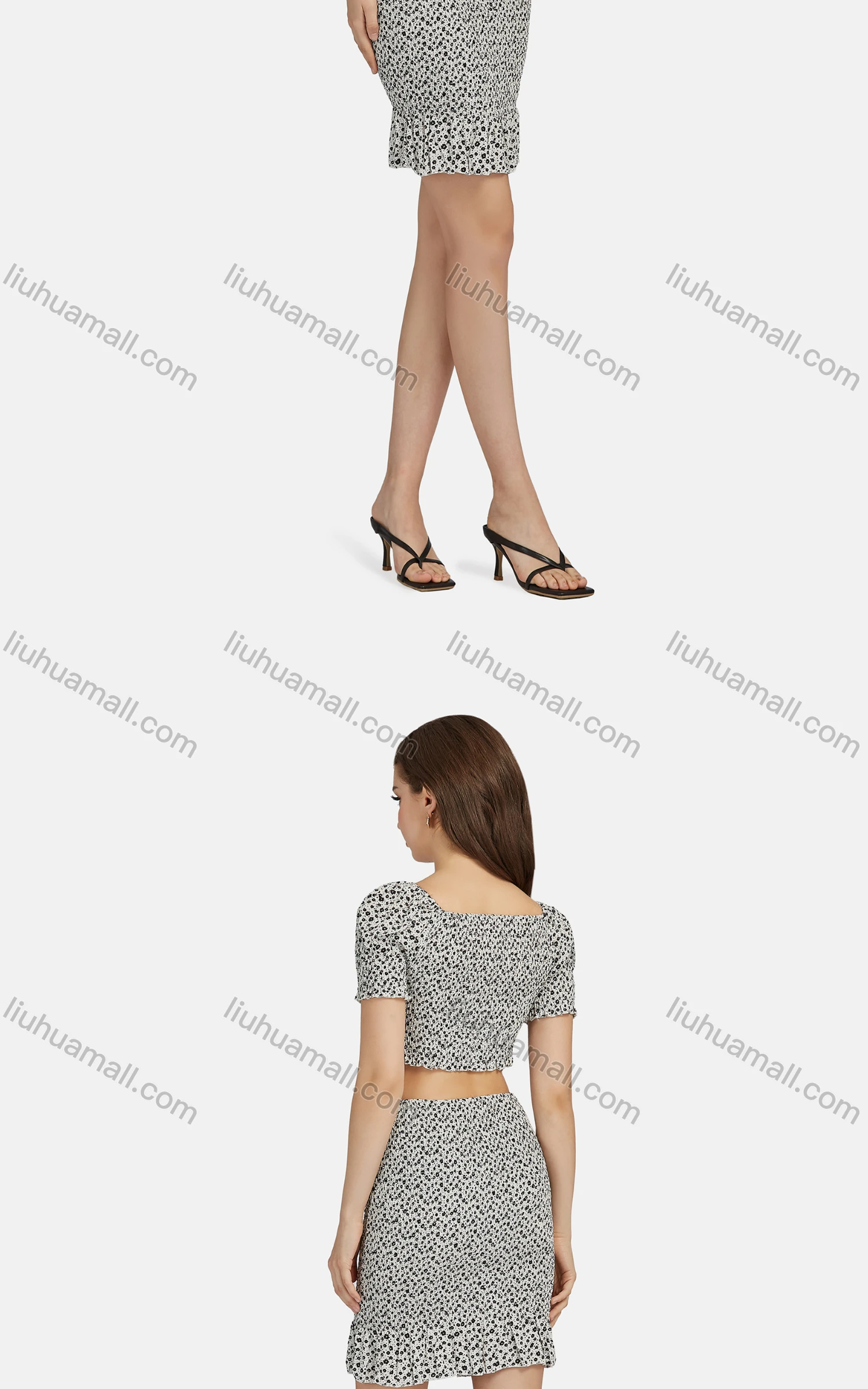 Wholesale Women's Casual Bateau Neck Tie Front Short Sleeve Floral Crop Top 2-piece Set 28296# - Liuhuamall