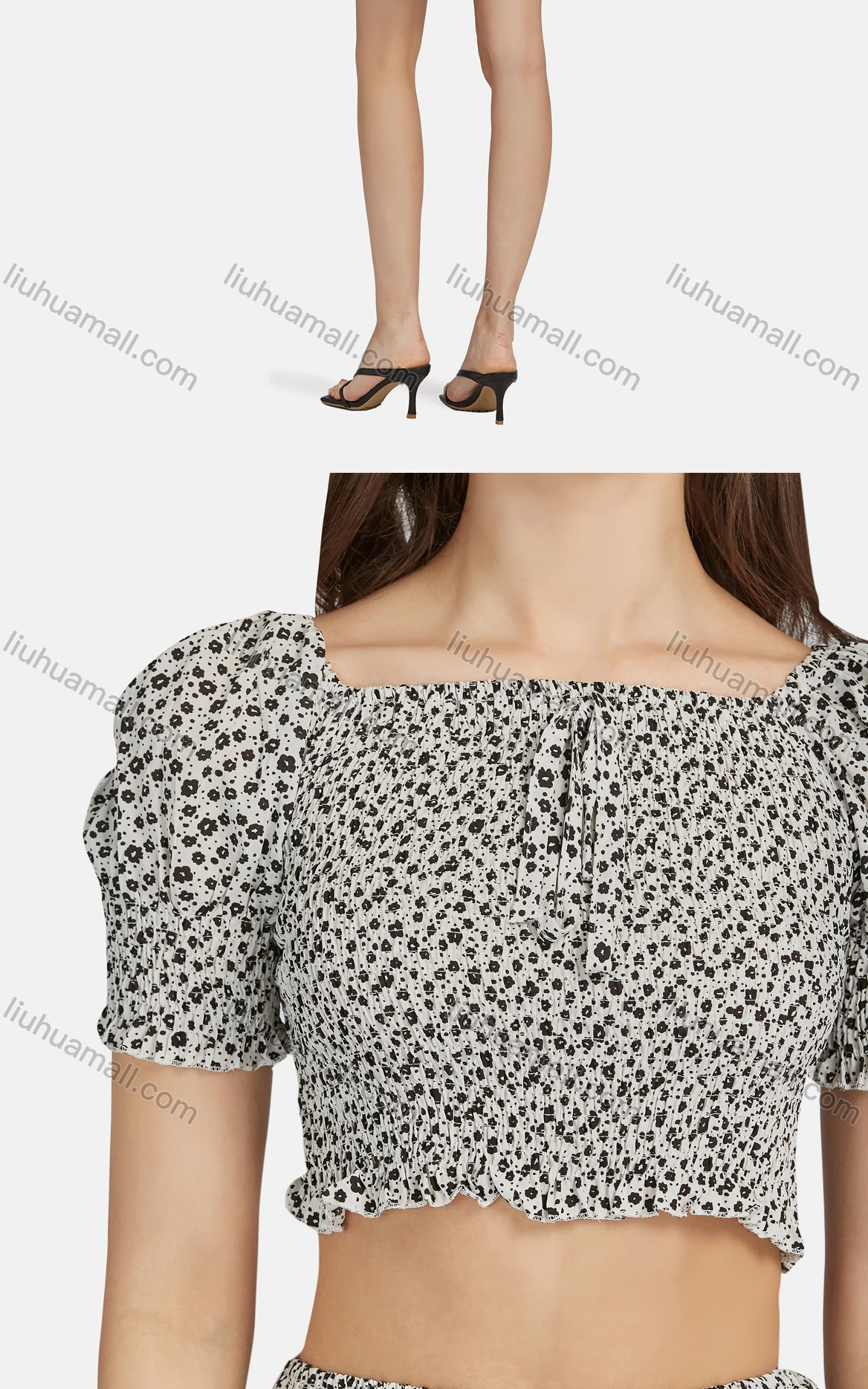 Wholesale Women's Casual Bateau Neck Tie Front Short Sleeve Floral Crop Top 2-piece Set 28296# - Liuhuamall