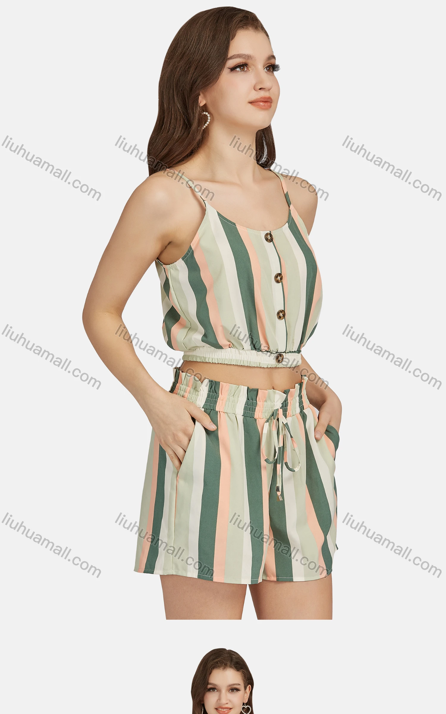 Wholesale Women's Casual Button Decor Striped Crop Cami Top 2-piece Set 28090# - Liuhuamall