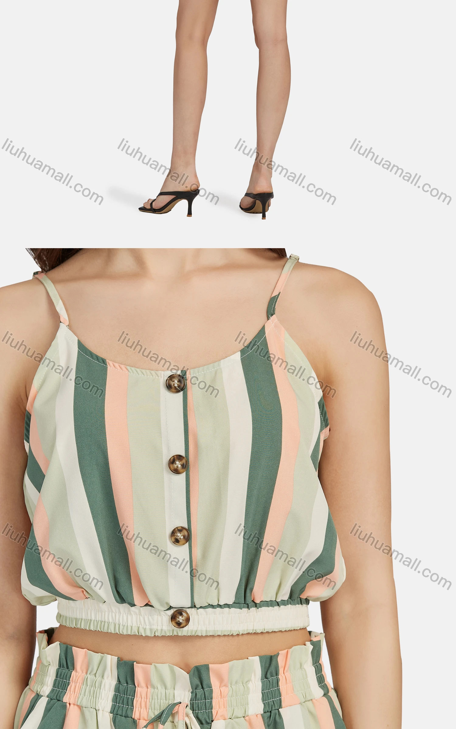 Wholesale Women's Casual Button Decor Striped Crop Cami Top 2-piece Set 28090# - Liuhuamall