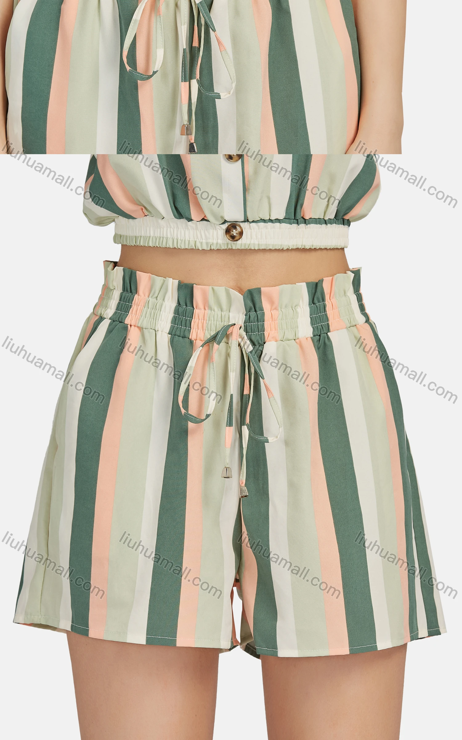 Wholesale Women's Casual Button Decor Striped Crop Cami Top 2-piece Set 28090# - Liuhuamall