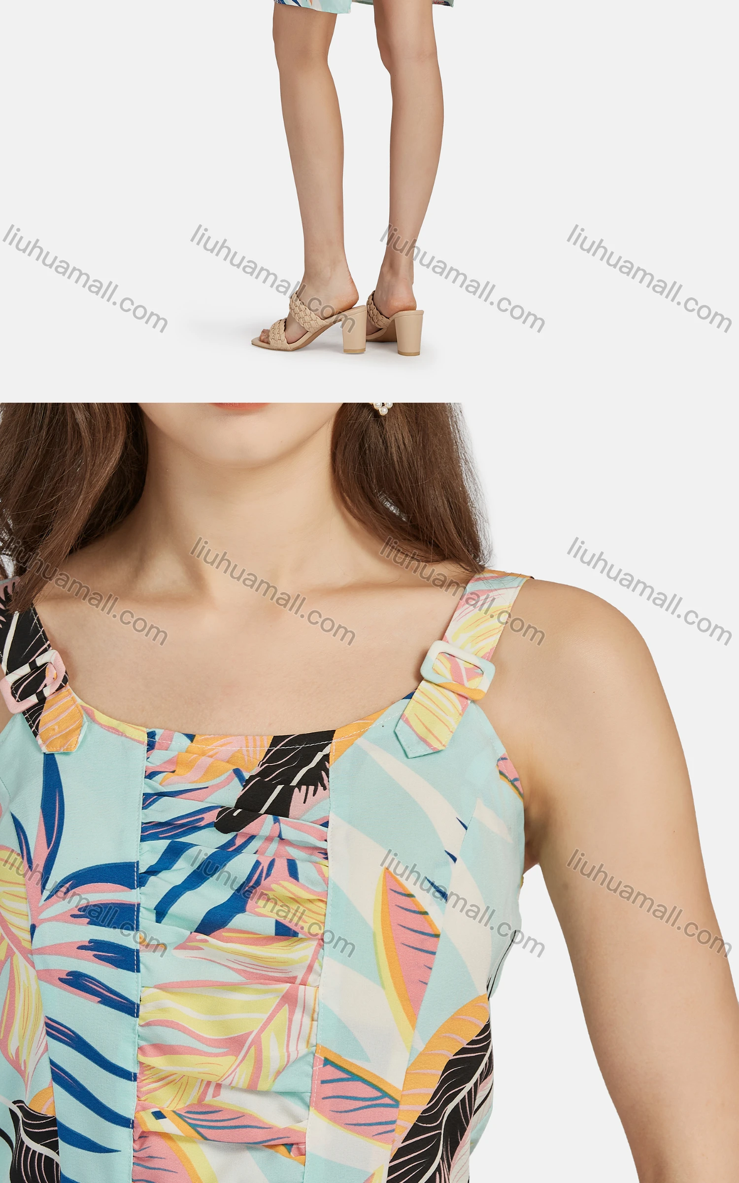 Wholesale Women's Casual Strap Fake 2-piece Leaf Print Belted Romper 28019# - Liuhuamall