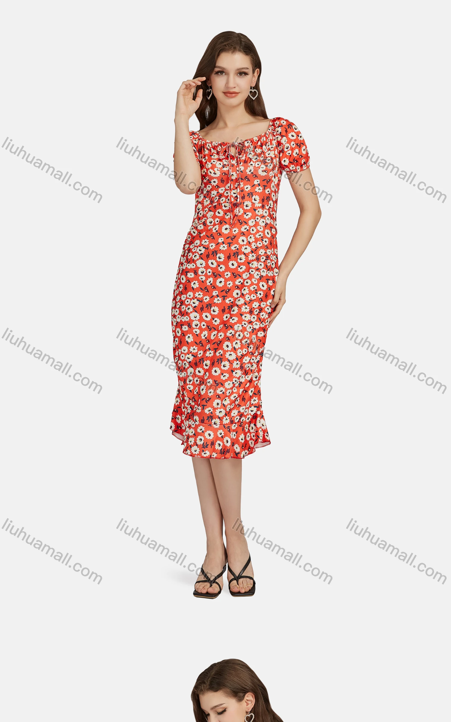 Wholesale Women's Casual Slim Fit Bateau Neck Floral Print Ruffle Hem Midi Dress 28461# - Liuhuamall