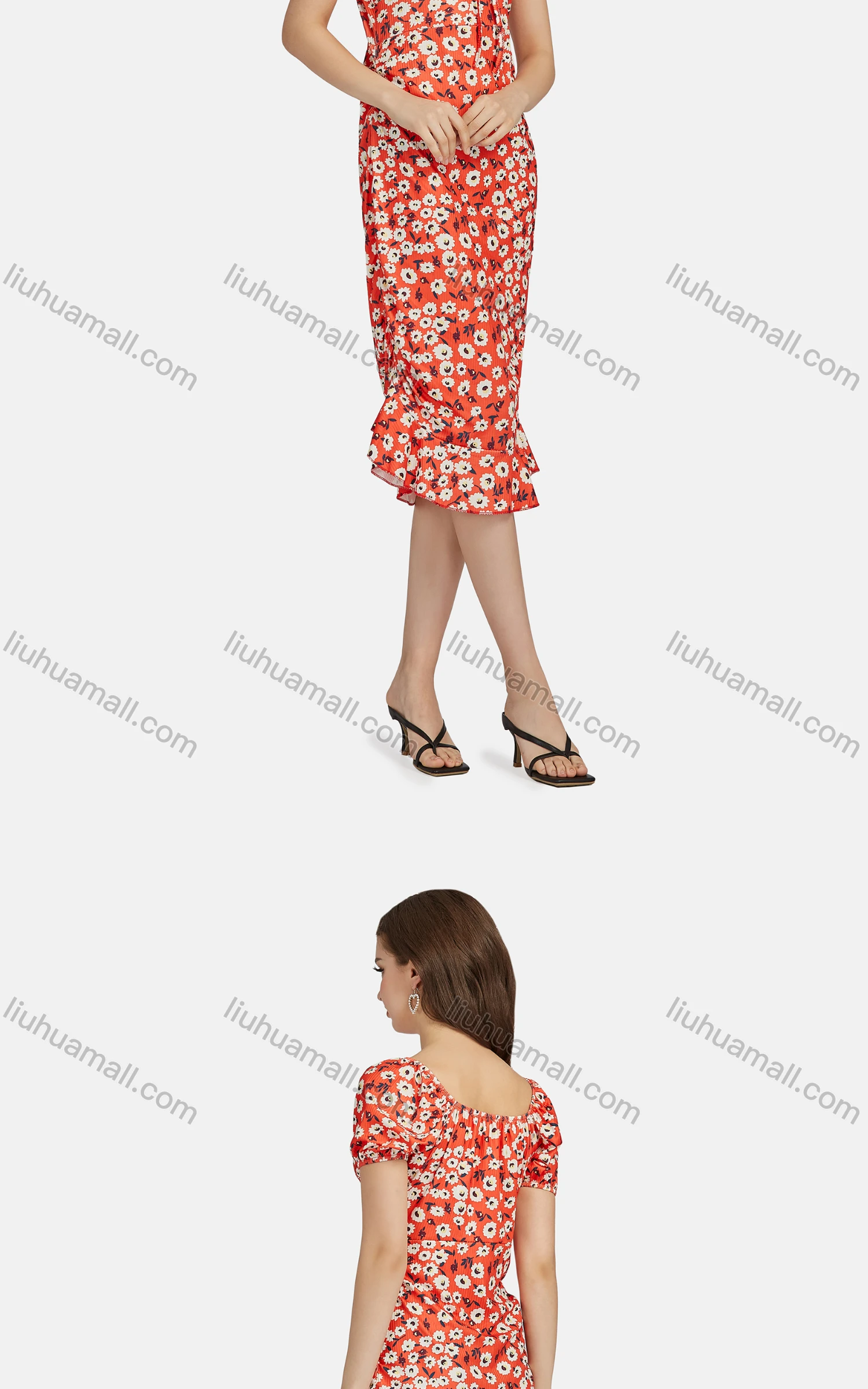 Wholesale Women's Casual Slim Fit Bateau Neck Floral Print Ruffle Hem Midi Dress 28461# - Liuhuamall