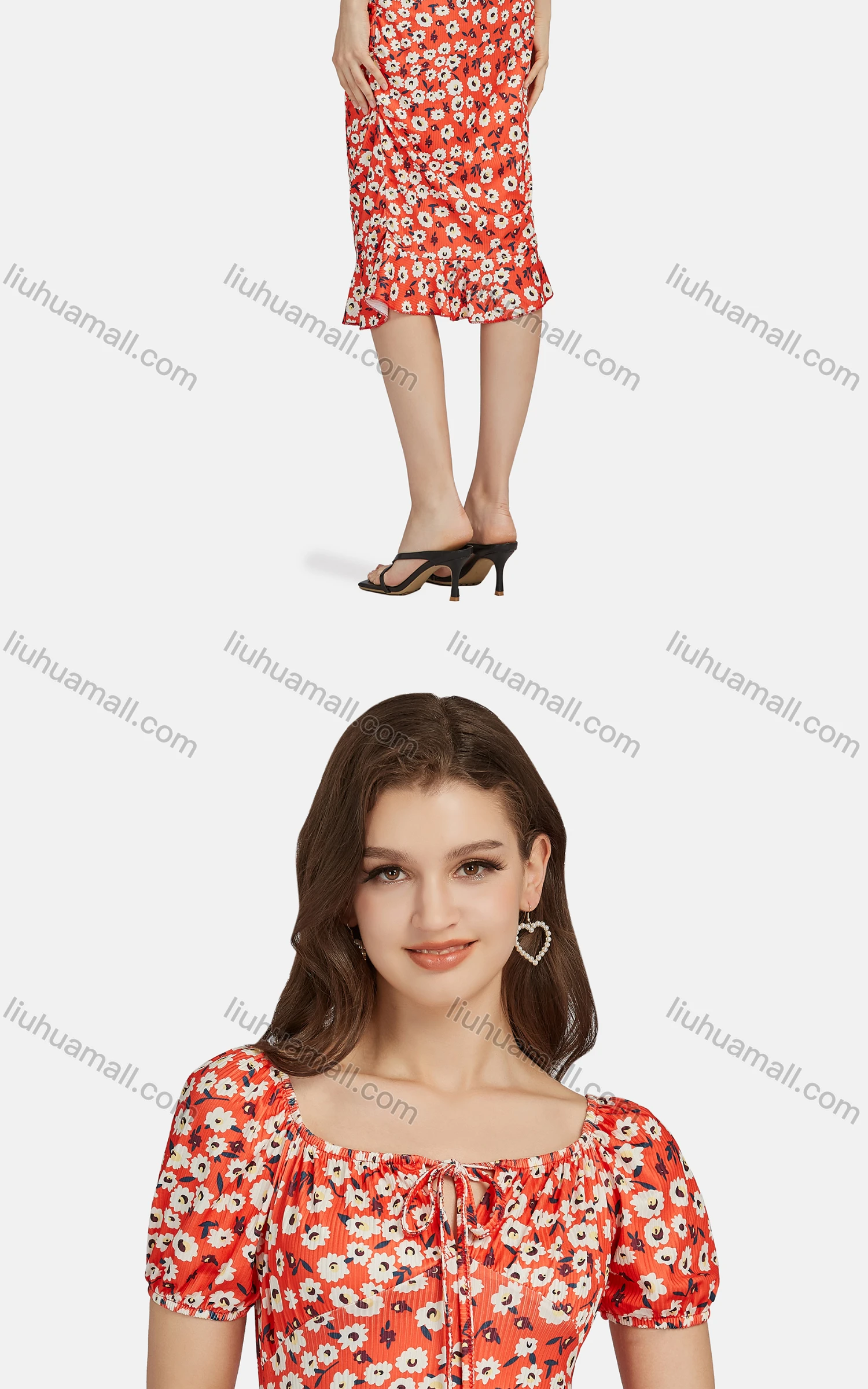 Wholesale Women's Casual Slim Fit Bateau Neck Floral Print Ruffle Hem Midi Dress 28461# - Liuhuamall