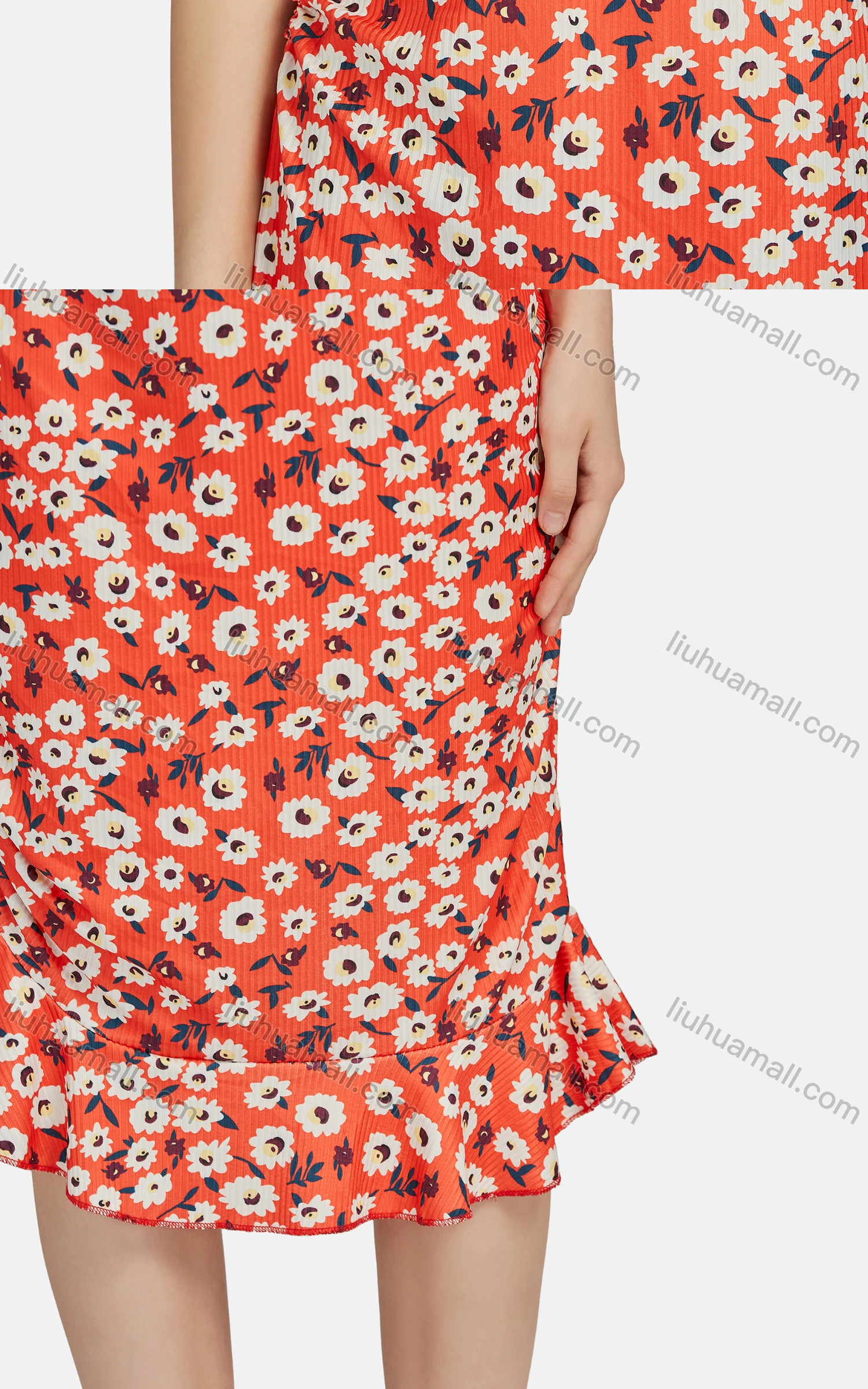Wholesale Women's Casual Slim Fit Bateau Neck Floral Print Ruffle Hem Midi Dress 28461# - Liuhuamall