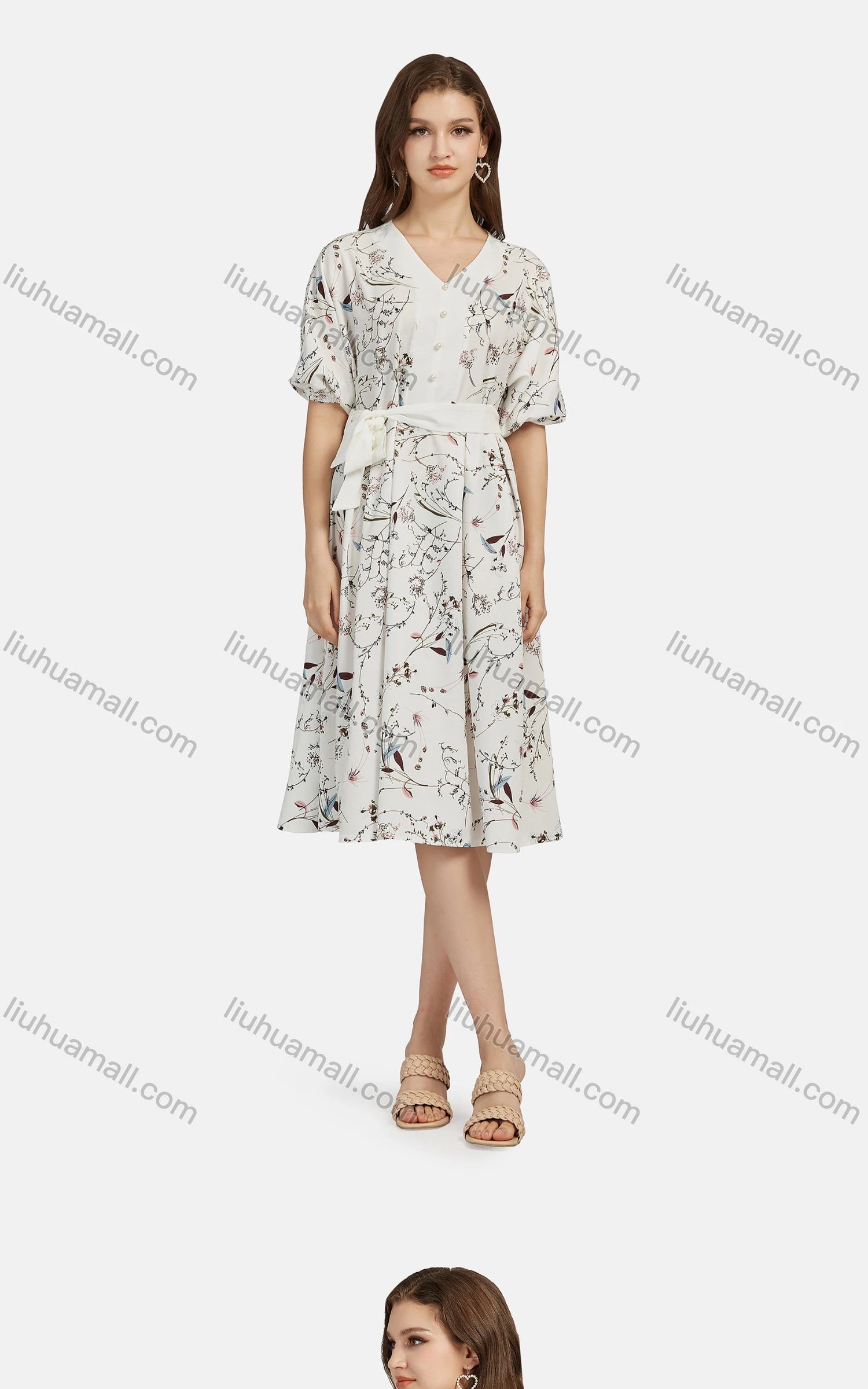 Wholesale Women's Casual Elastic Cuff Pearl Decor Floral Print Lace Up Dress 28523# - Liuhuamall