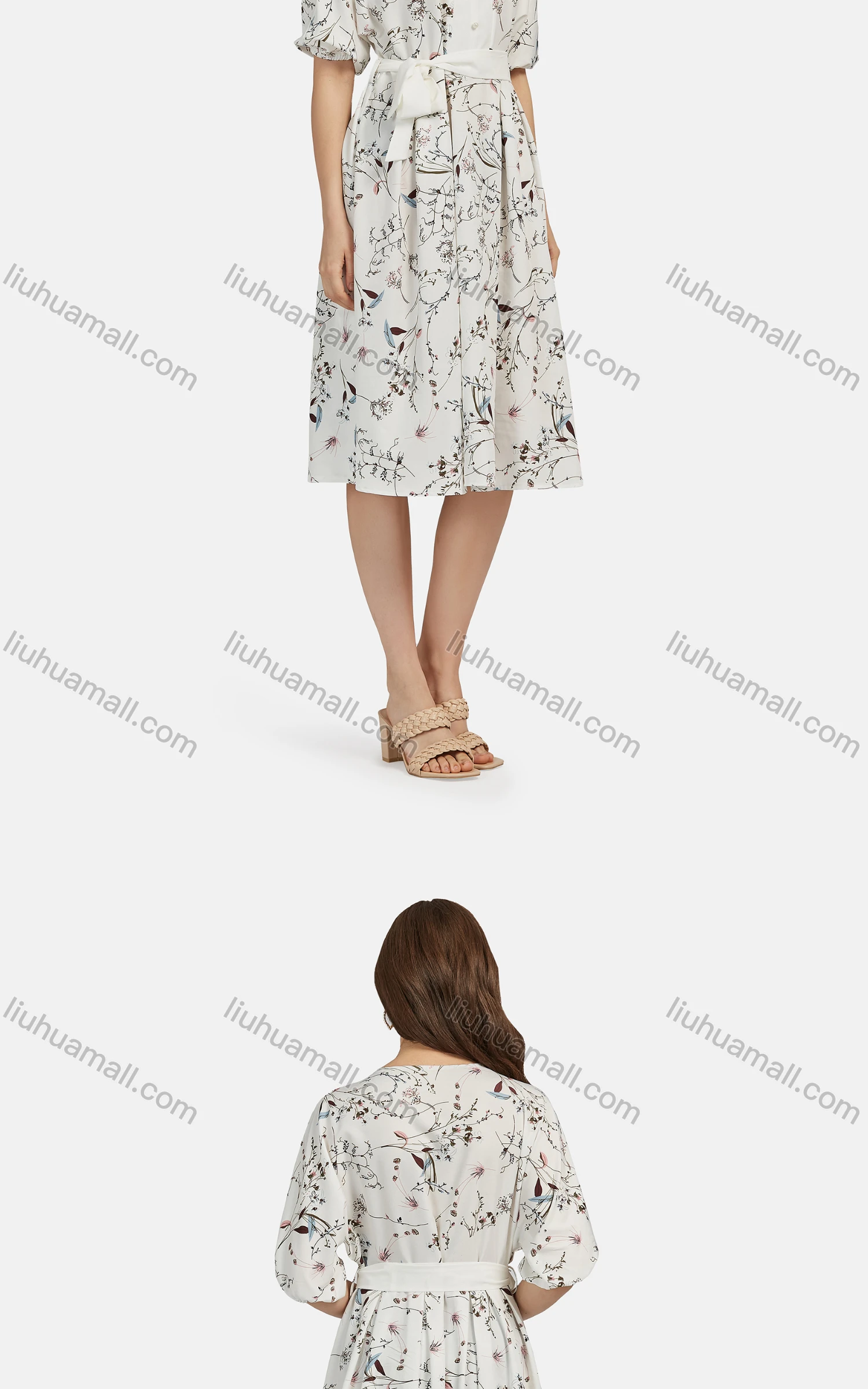 Wholesale Women's Casual Elastic Cuff Pearl Decor Floral Print Lace Up Dress 28523# - Liuhuamall