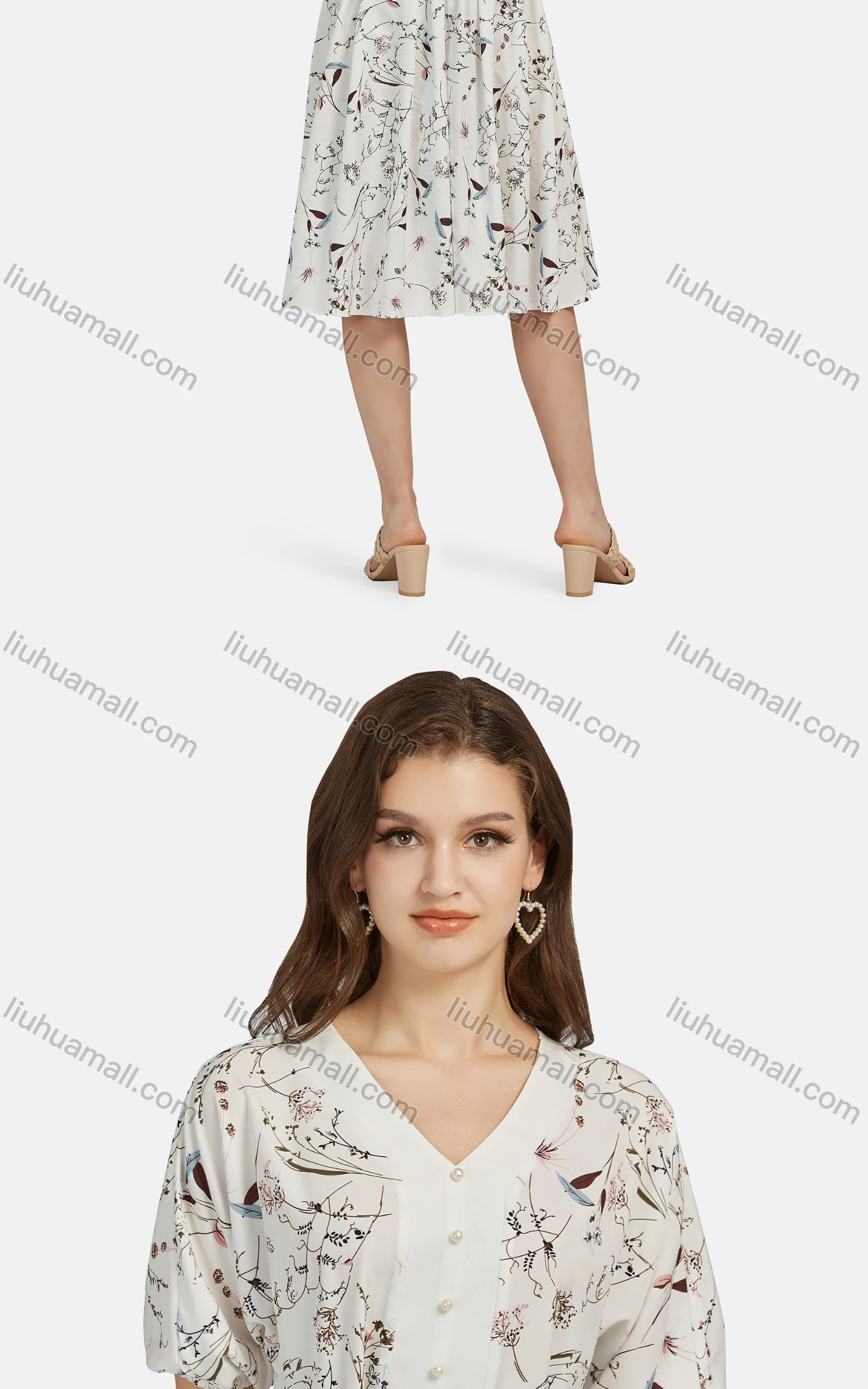 Wholesale Women's Casual Elastic Cuff Pearl Decor Floral Print Lace Up Dress 28523# - Liuhuamall