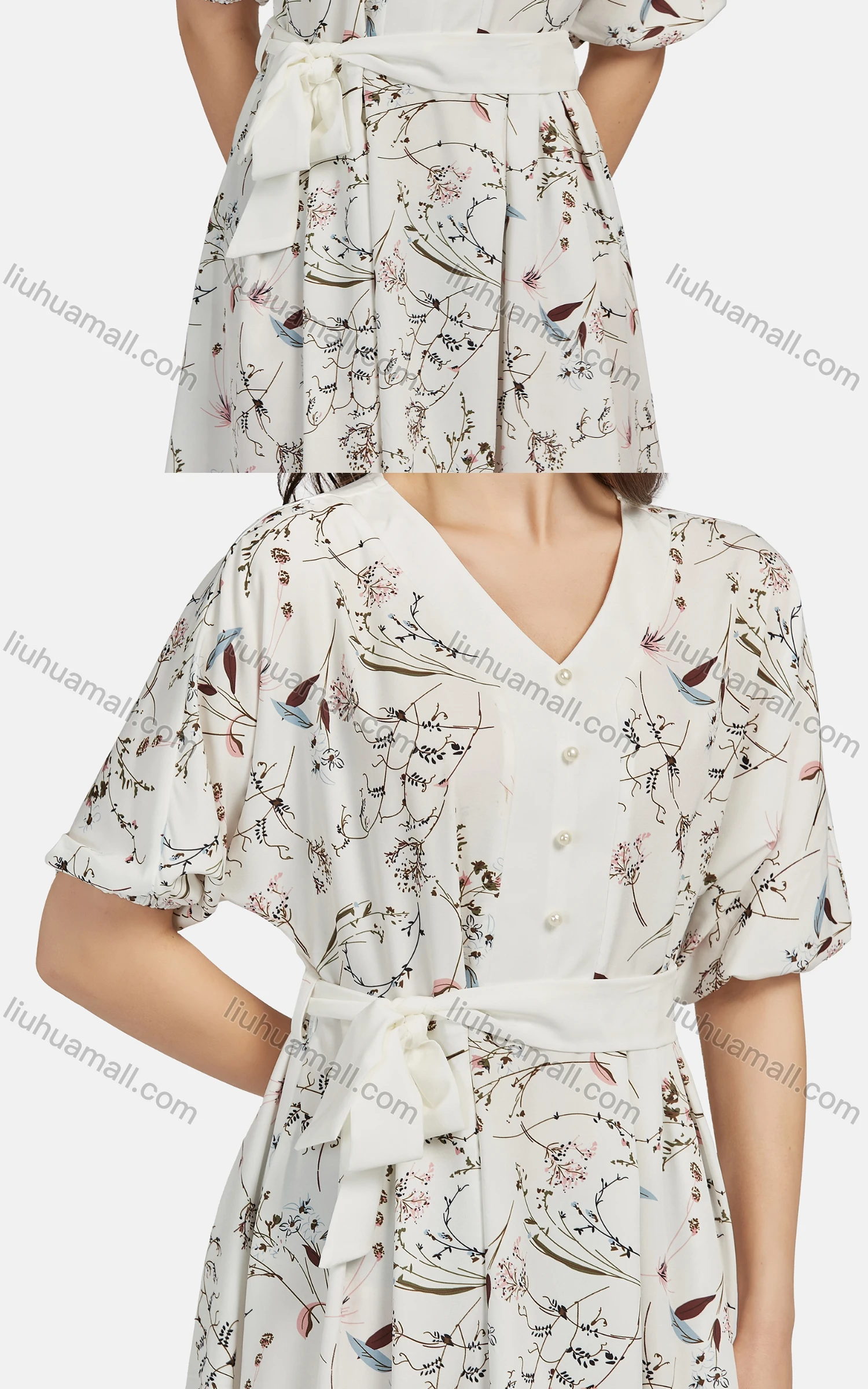 Wholesale Women's Casual Elastic Cuff Pearl Decor Floral Print Lace Up Dress 28523# - Liuhuamall